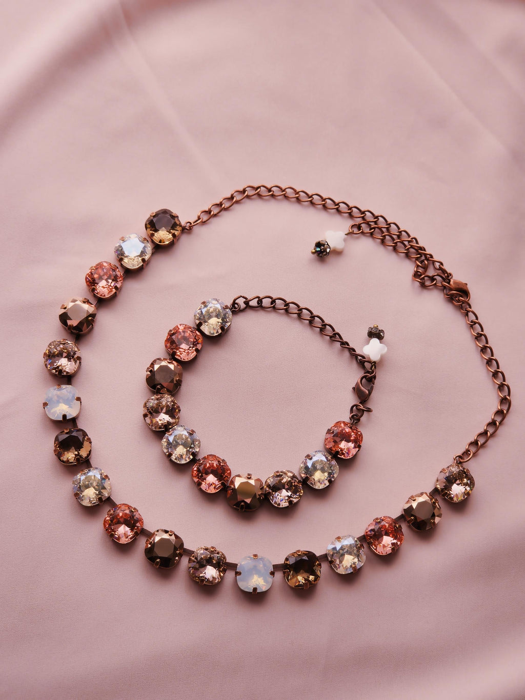 Victorian Garden Swarovski Crystal Necklace | Antique Copper Statement Necklace | Rose Gold Padparadscha Vintage Rose Crystal Crown Earrings