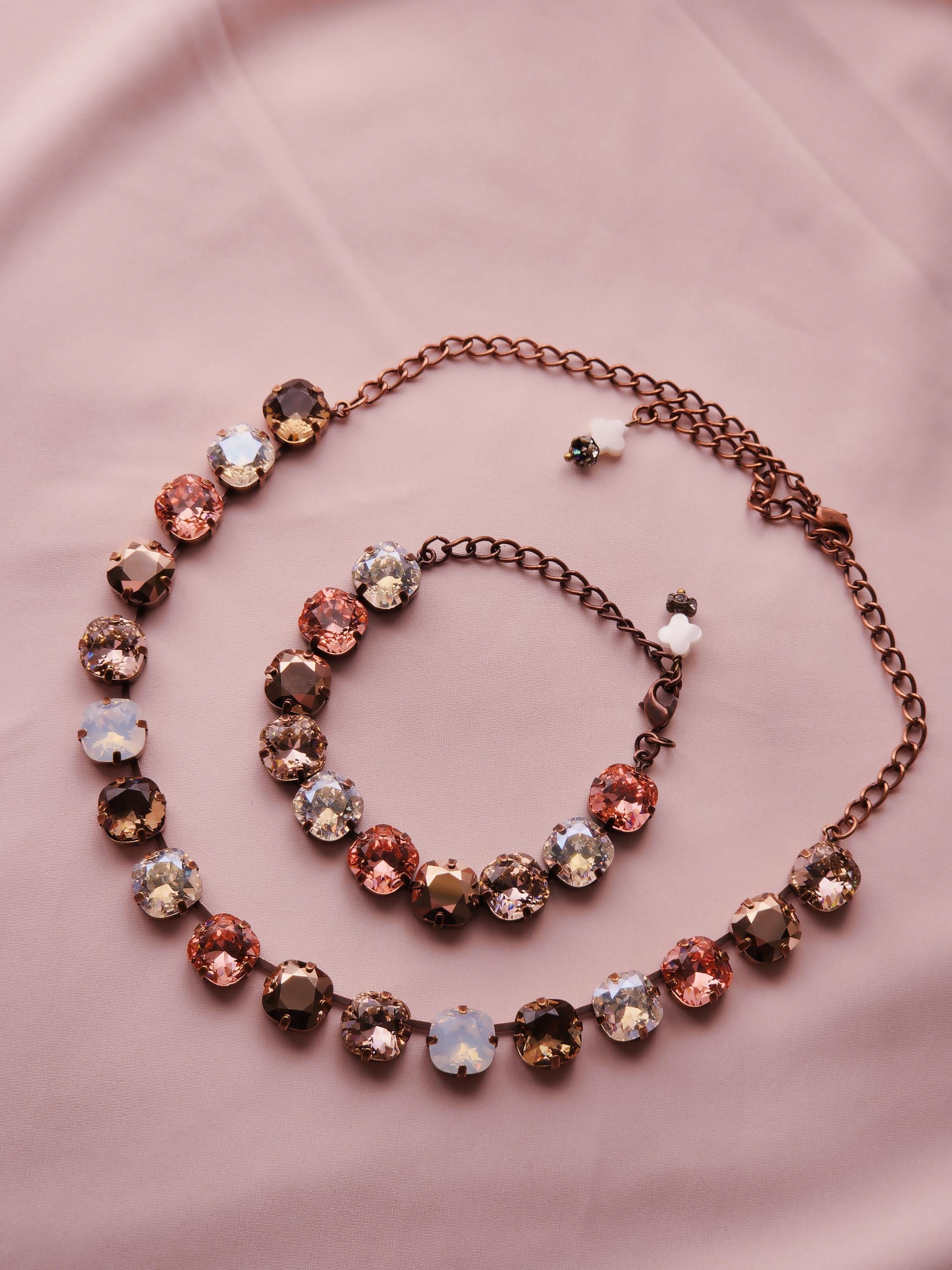 Victorian Garden Swarovski Crystal Necklace | Antique Copper Statement Necklace | Rose Gold Padparadscha Vintage Rose Crystal Crown Earrings