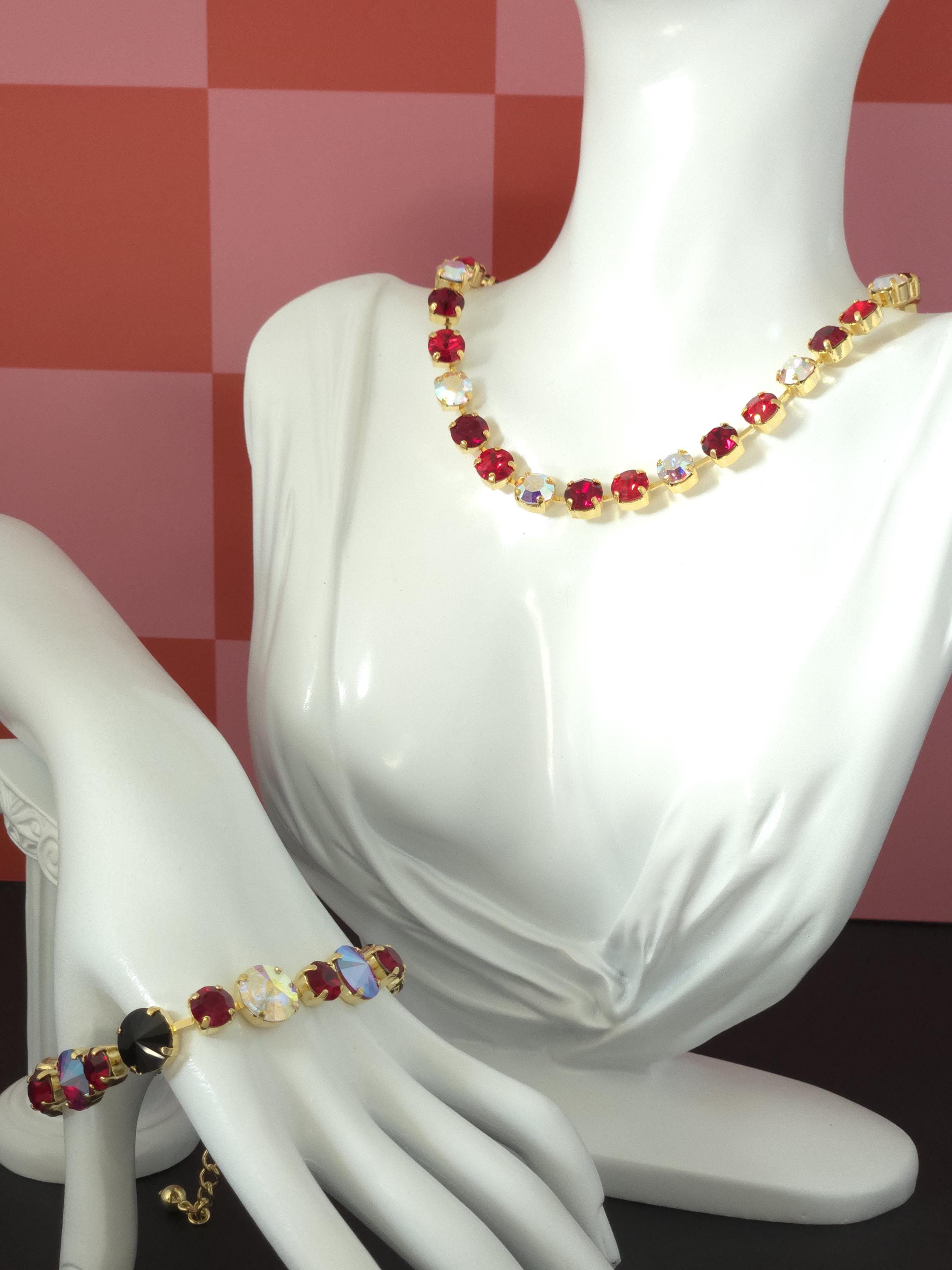 Mad Hatter Swarovski Crystal Bracelet | Handmade Gold Plated Statement Bracelet | Jet Ruby & Crystal AB Rivoli Bracelet