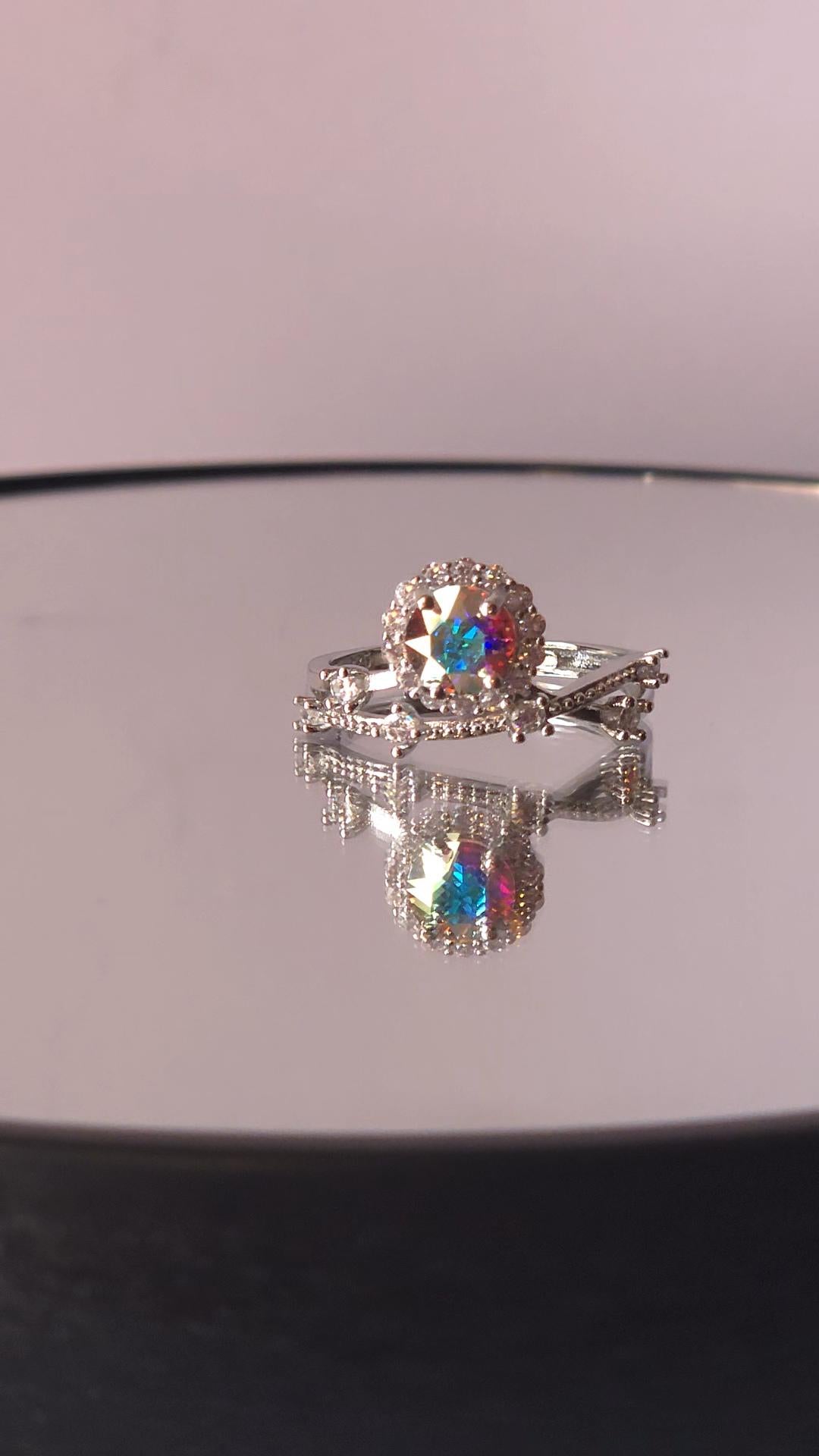 Crystal AB Mystical Setting Crystal Halo Ring | Adjustable Sterling Silver Plated Crossover Ring | Genuine Swarovski Crystal, CZ Halo