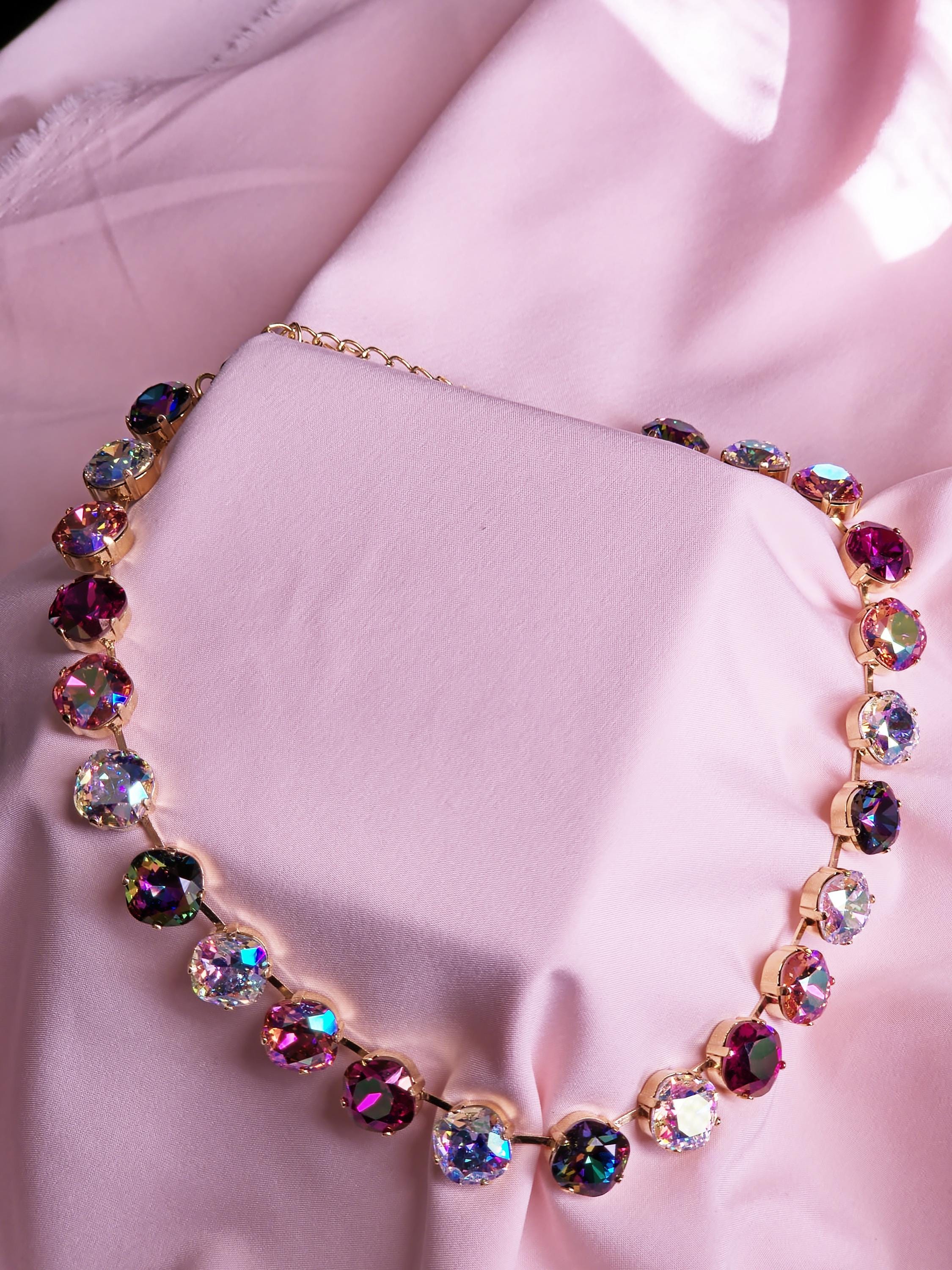 Swarovski Crystal Aurora Borealis Tears of Isis Statement Necklace | Gold Tone Cushion Cut Cascade