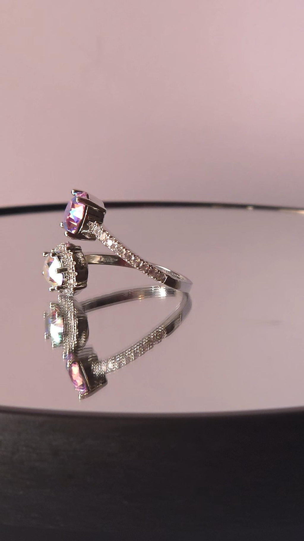 Swarovski Rose Shimmer Crystal AB Two-Stone Crystal Wrap Ring | Adjustable 925 Sterling Silver Plated Ring | Iridescent Halo Ring