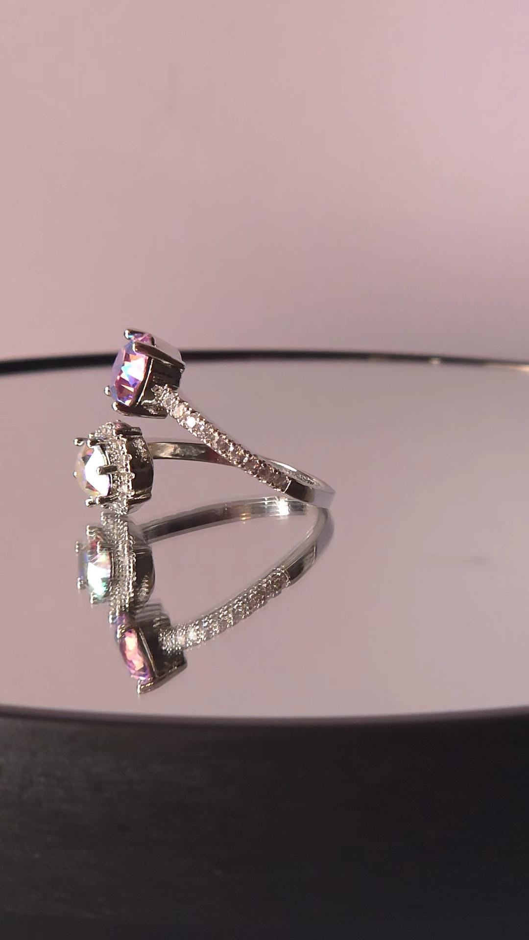Swarovski Rose Shimmer Crystal AB Two-Stone Crystal Wrap Ring | Adjustable 925 Sterling Silver Plated Ring | Iridescent Halo Ring