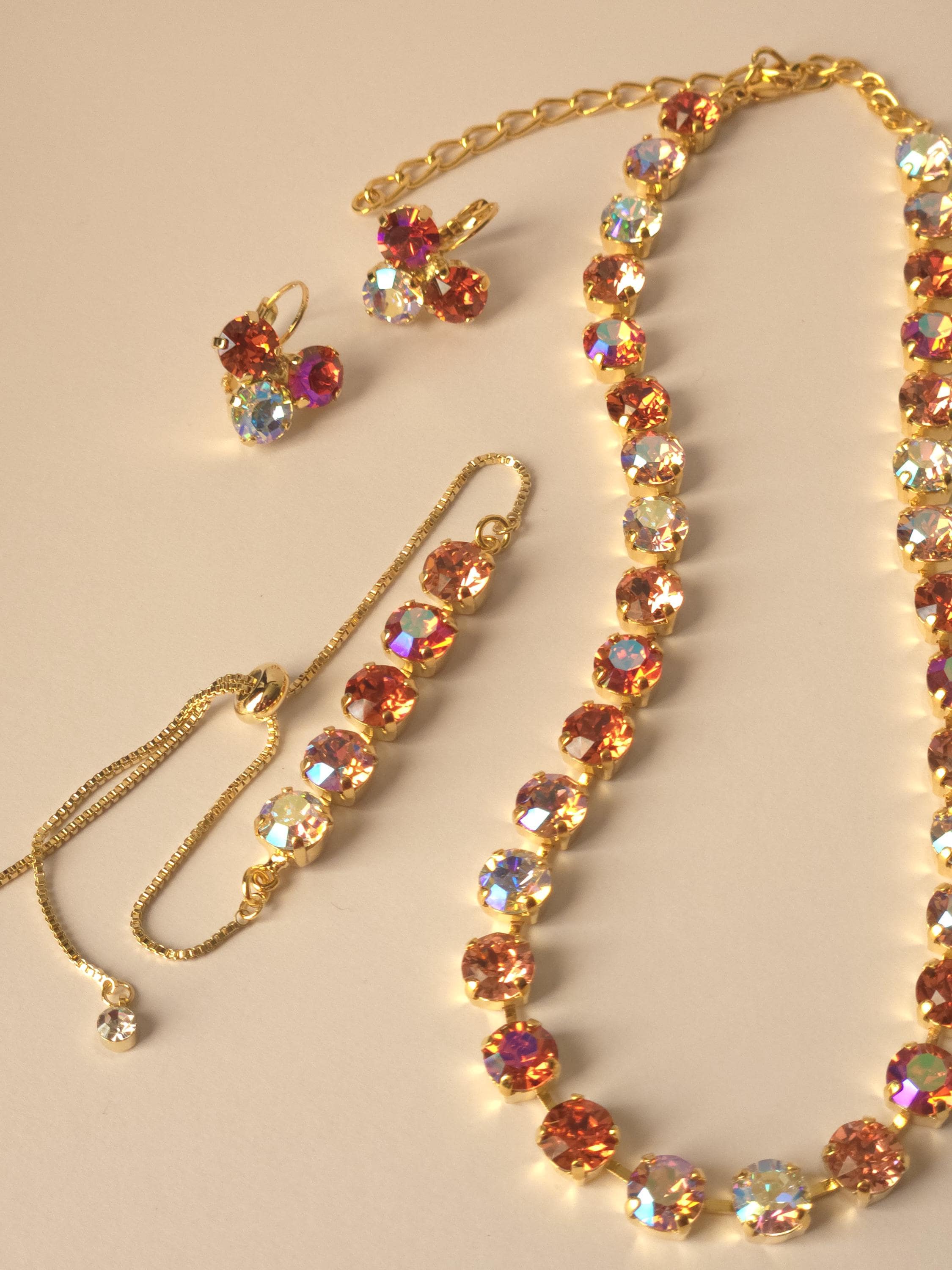 18K Gold Plated Padparadscha Crystal Jewelry Set | Swarovski & Preciosa Crystal Necklace, Earrings, Bracelet | Peach Rose Bridal Jewelry