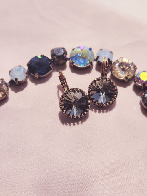Antique Copper Black Diamond Crystal Leverback Earrings | Drop Crystal Earrings | Crown Setting Earrings | 12mm Austrian Crystal