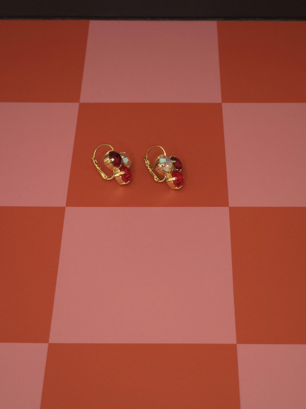 Mad Hatter Swarovski Crystal Trio Earrings | Handmade Gold Plated Leverback Earrings | Ruby Siam & Crystal AB Earrings