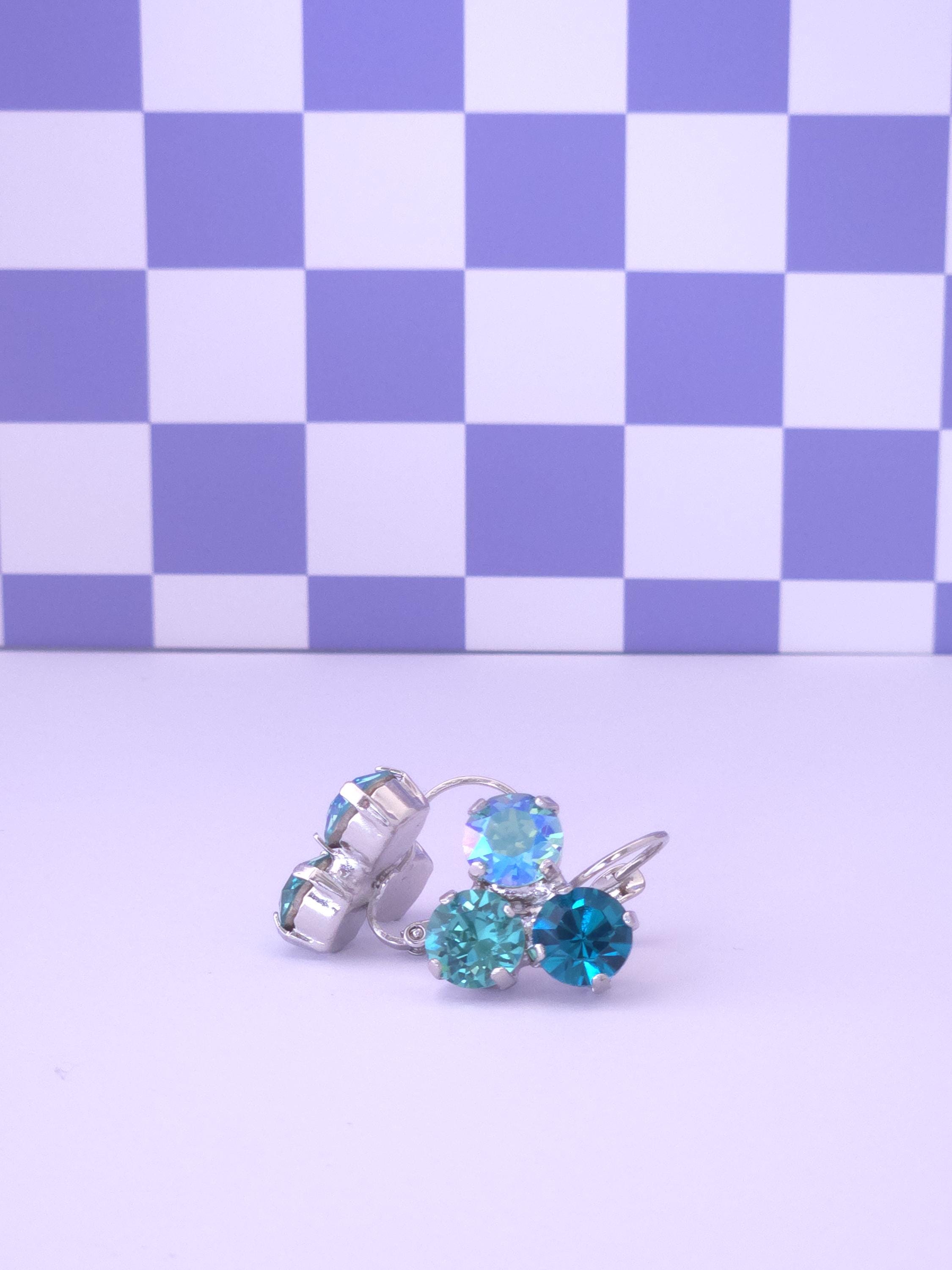 Mermaid Green Crystal Trio Leverback Earrings | 8mm Austrian Crystal Statement Jewelry