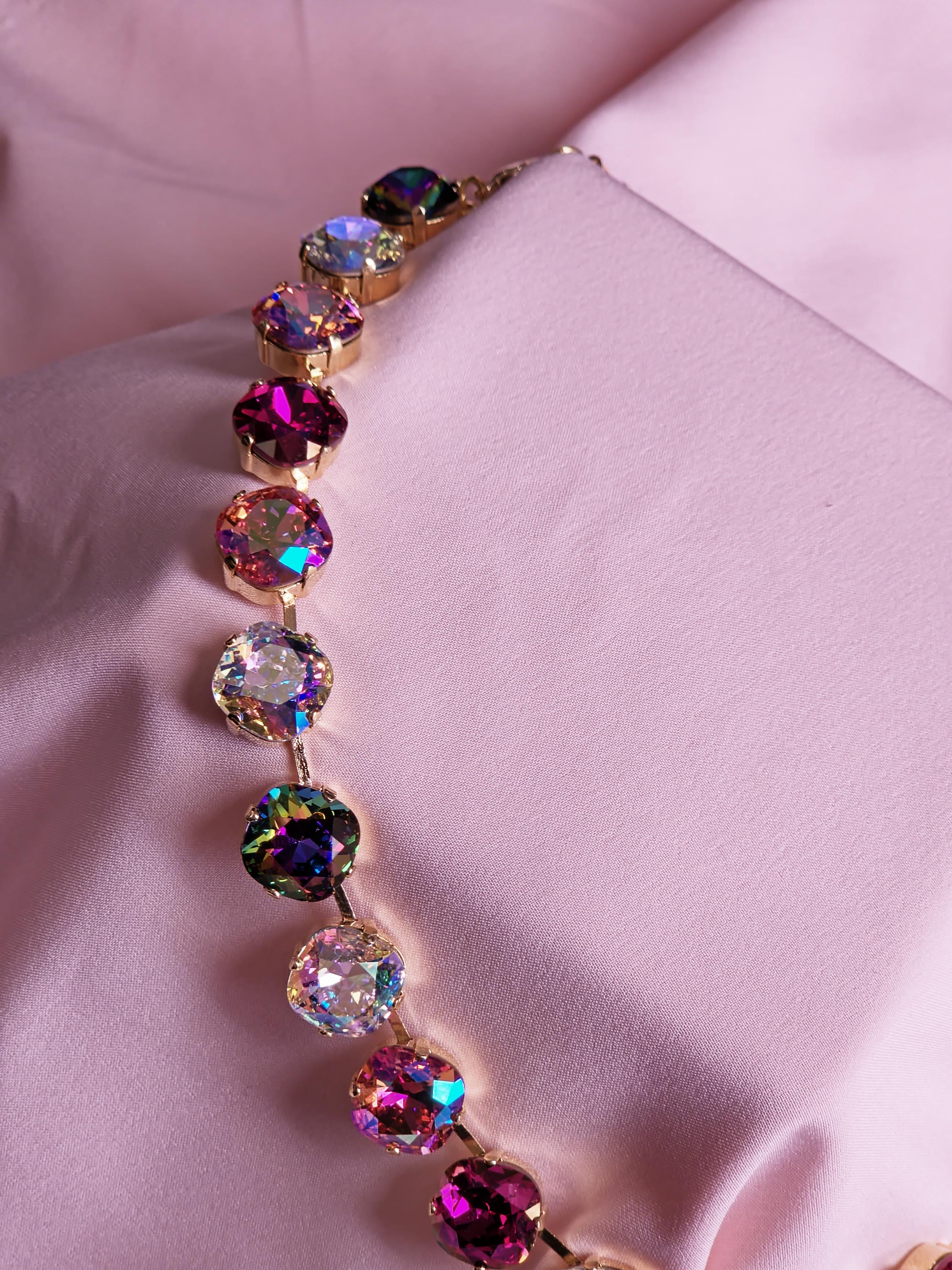 Swarovski Crystal Aurora Borealis Tears of Isis Statement Necklace | Gold Tone Cushion Cut Cascade