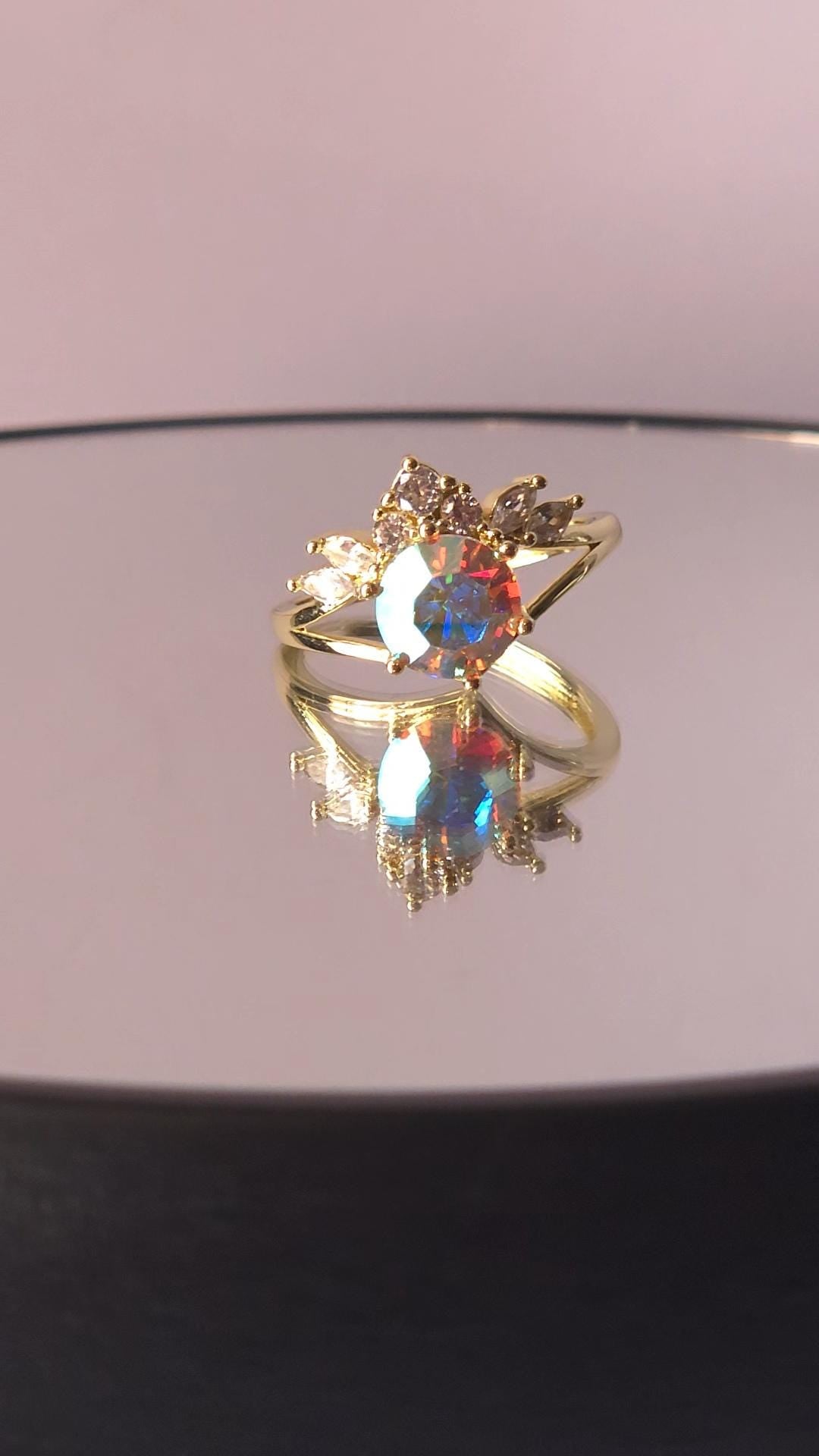 Crystal Crown Ring | Adjustable Gold Plated Cluster Ring | Genuine Swarovski Crystal, CZ Accents | Sparkling Crystal AB