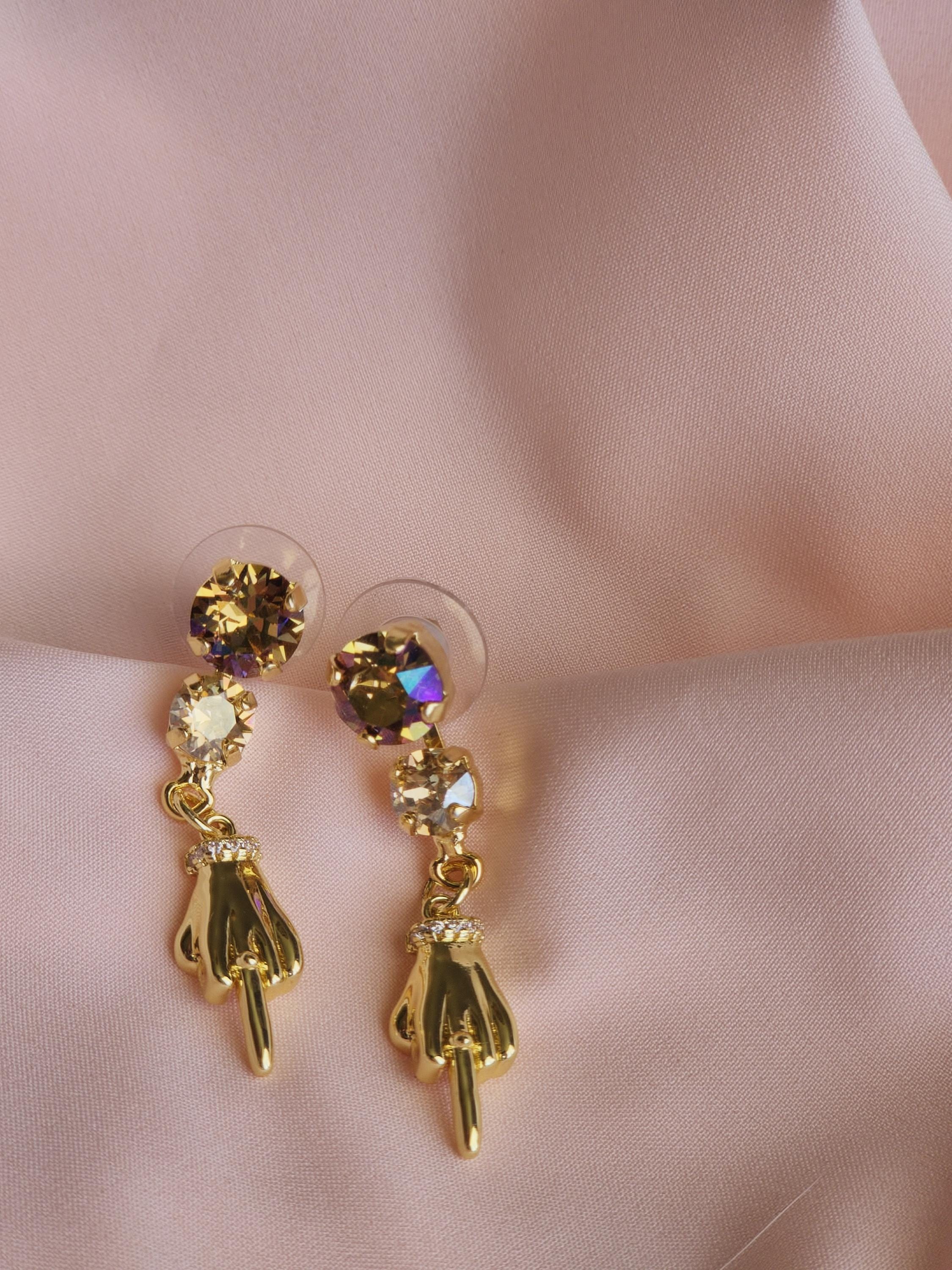 Unbothered Swarovski Crystal Earrings | Handmade Gold Middle Finger Charm Earrings | Statement Earrings | Eccentric Jewelry