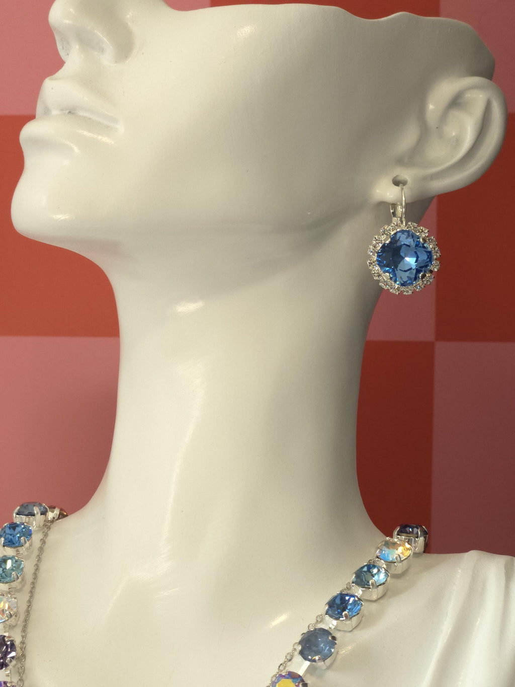 Alice Blue Swarovski Crystal Halo Earrings | Handmade Rhodium Leverback Earrings | Ice Blue Cushion Crystal Earrings