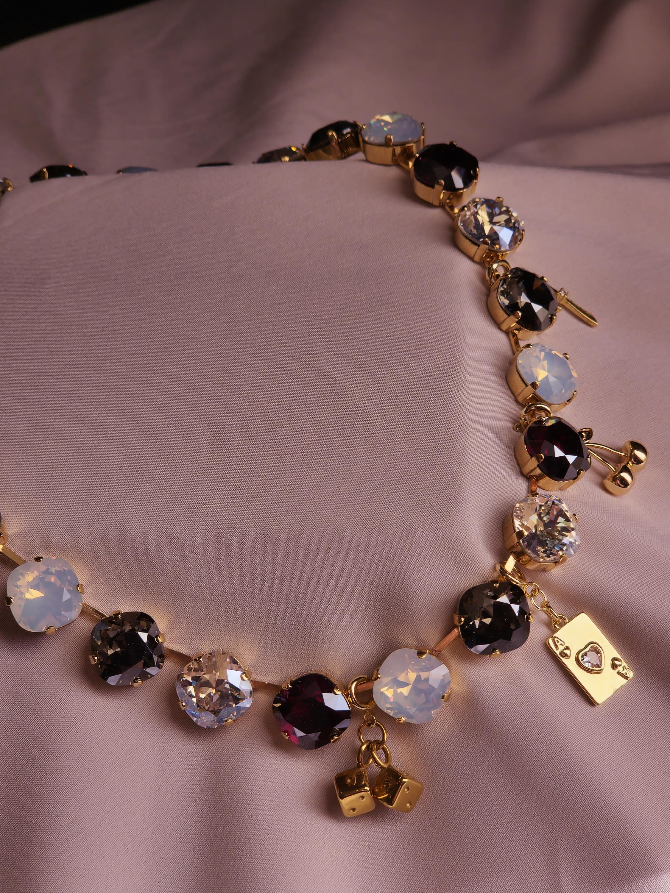 Sin City Swarovski Crystal Charm Necklace | Handmade Gold Plated Statement Necklace | Vegas Jewelry | Dice Charm Necklace
