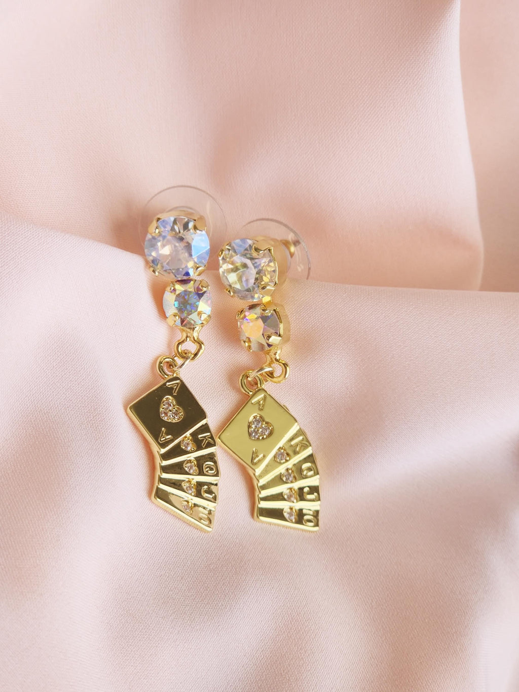 Stack the Deck Swarovski Crystal Earrings | Handmade Gold Ace Playing Card Charm Drop | Crystal Moonlight AB Stud | Vegas Lucky Jewelry