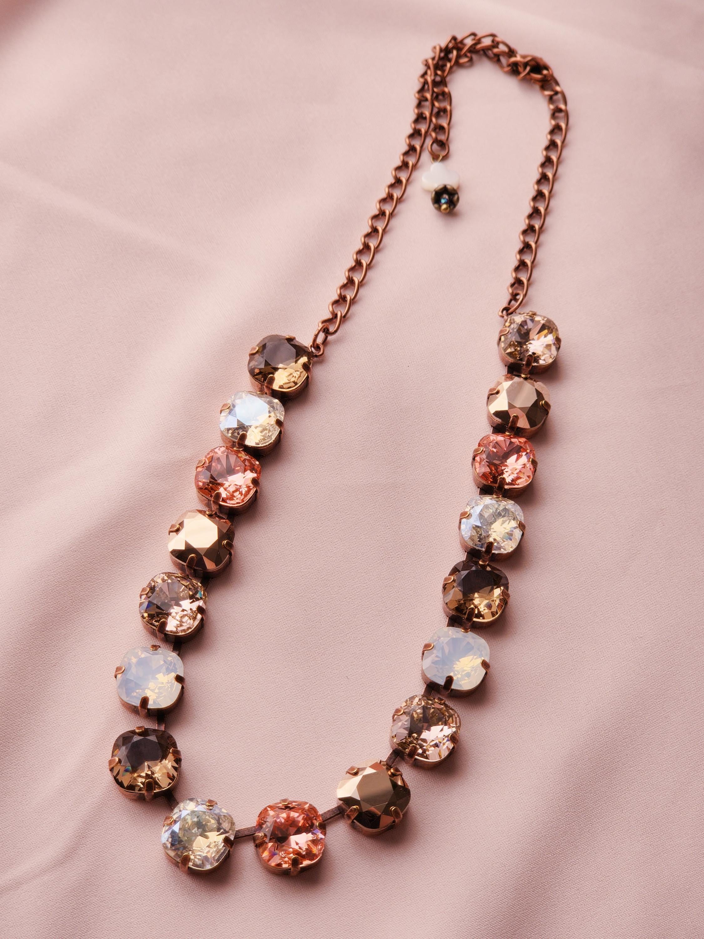 Victorian Garden Swarovski Crystal Necklace | Antique Copper Statement Necklace | Rose Gold Padparadscha Vintage Rose Crystal Crown Earrings