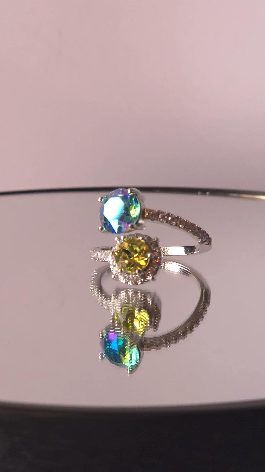 Swarovski Aqua Lemon Citrus Green Two-Stone Crystal Wrap Ring | Adjustable 925 Sterling Silver Plated Ring | Blue Green Halo Ring