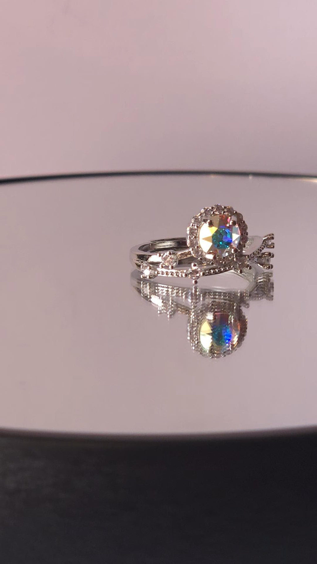 Crystal AB Mystical Setting Crystal Halo Ring | Adjustable Sterling Silver Plated Crossover Ring | Genuine Swarovski Crystal, CZ Halo