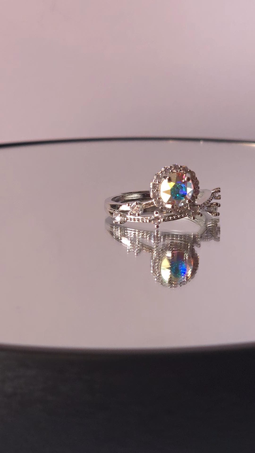Crystal AB Mystical Setting Crystal Halo Ring | Adjustable Sterling Silver Plated Crossover Ring | Genuine Swarovski Crystal, CZ Halo