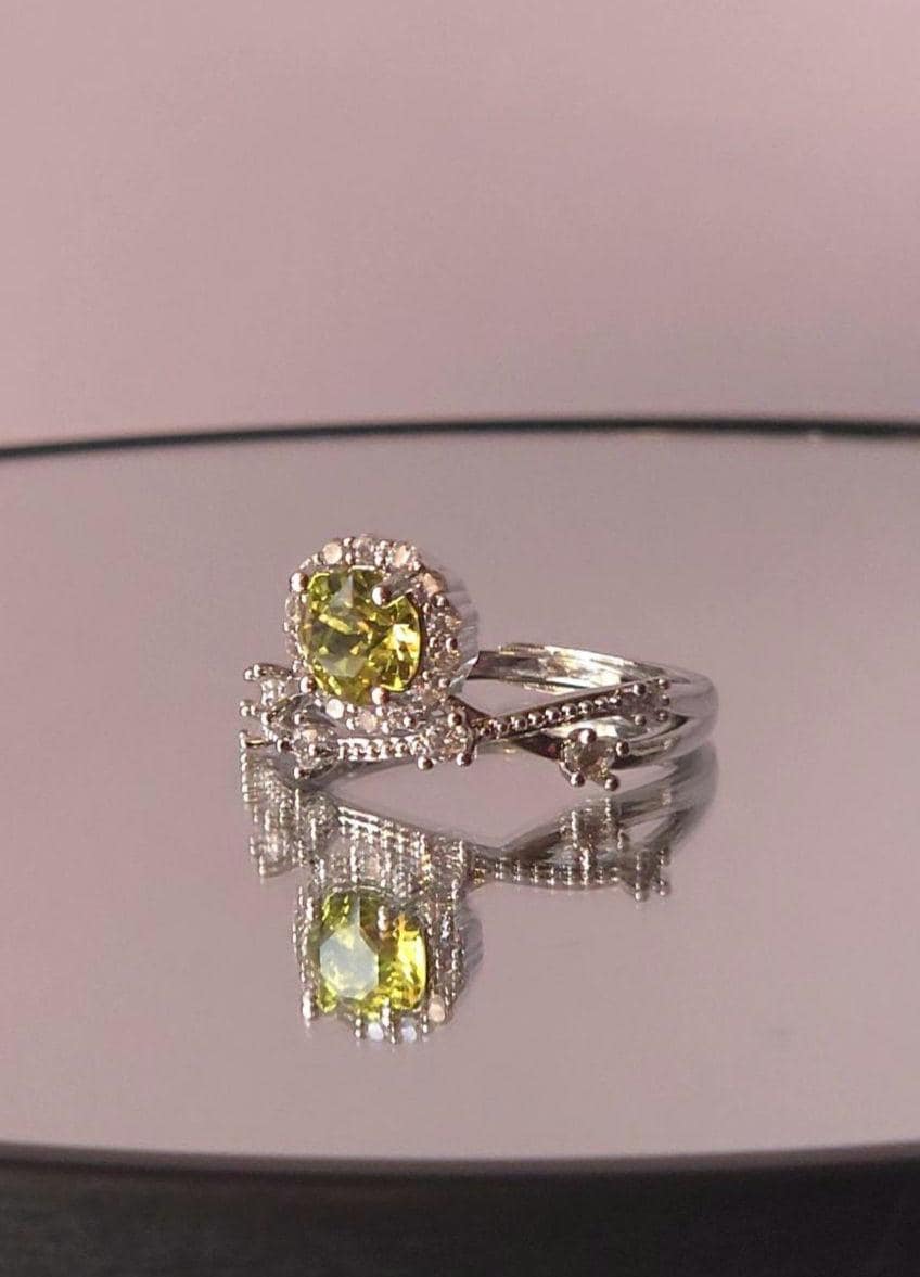 Mystical Setting Citrus Green Crystal Halo Ring | Adjustable Sterling Silver Plated Crossover Ring | Genuine Swarovski Crystal, CZ Halo