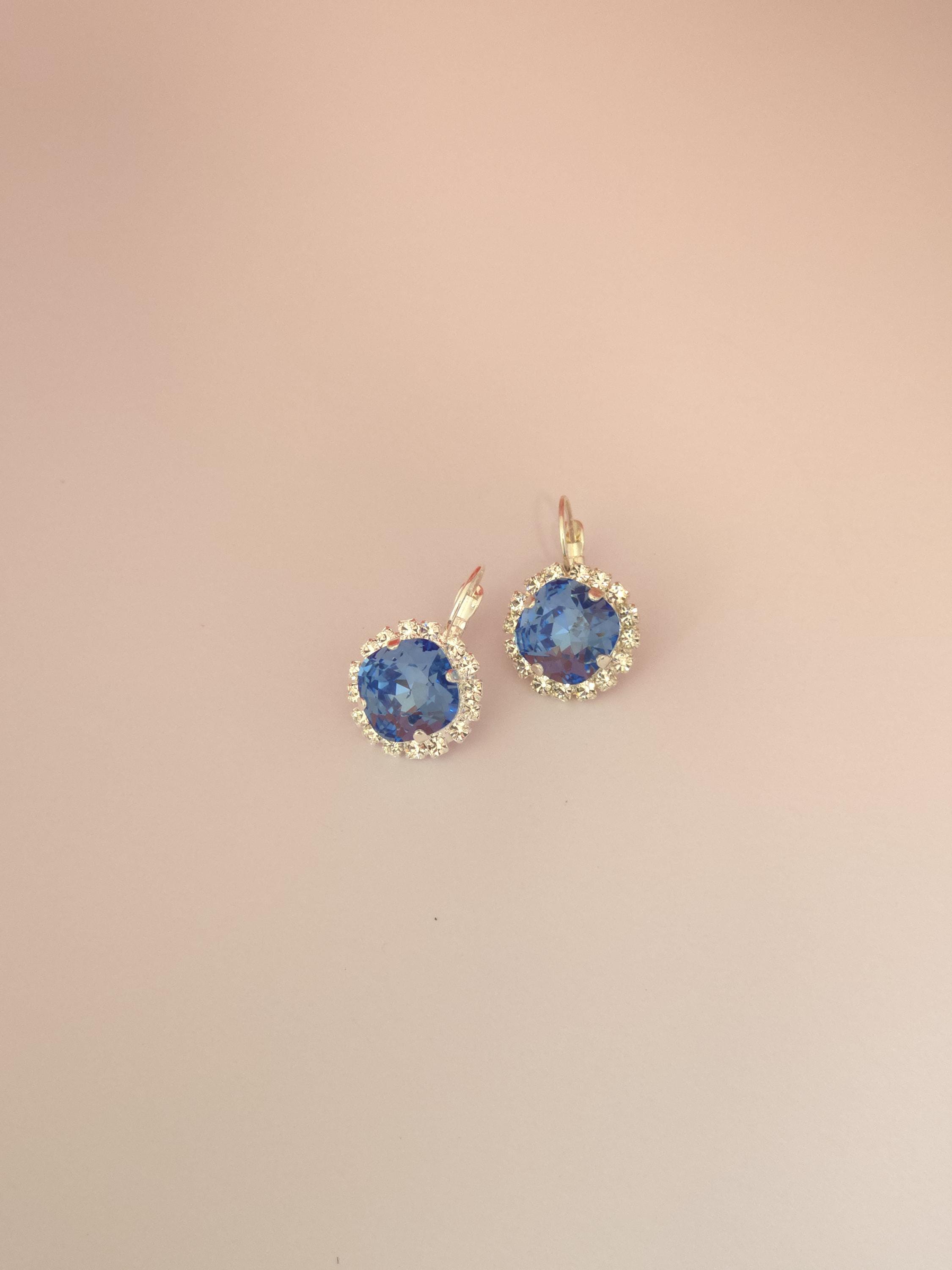 Alice Blue Swarovski Crystal Halo Earrings | Handmade Rhodium Leverback Earrings | Ice Blue Cushion Crystal Earrings