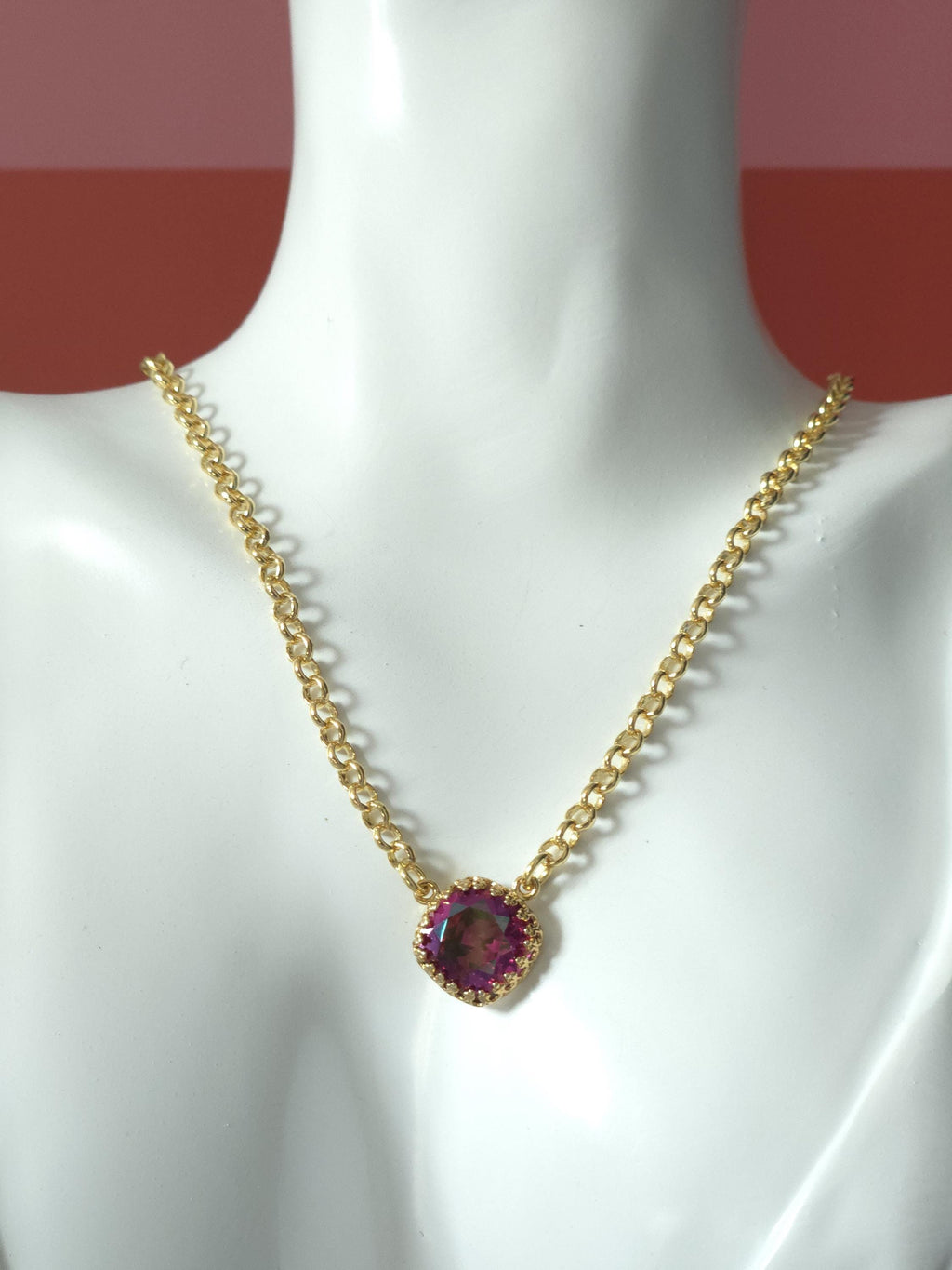 Painted Rose Swarovski Crystal Pendant Necklace | Handmade Gold Plated Crown Pendant | Fuchsia Maui Lava Crystal Necklace