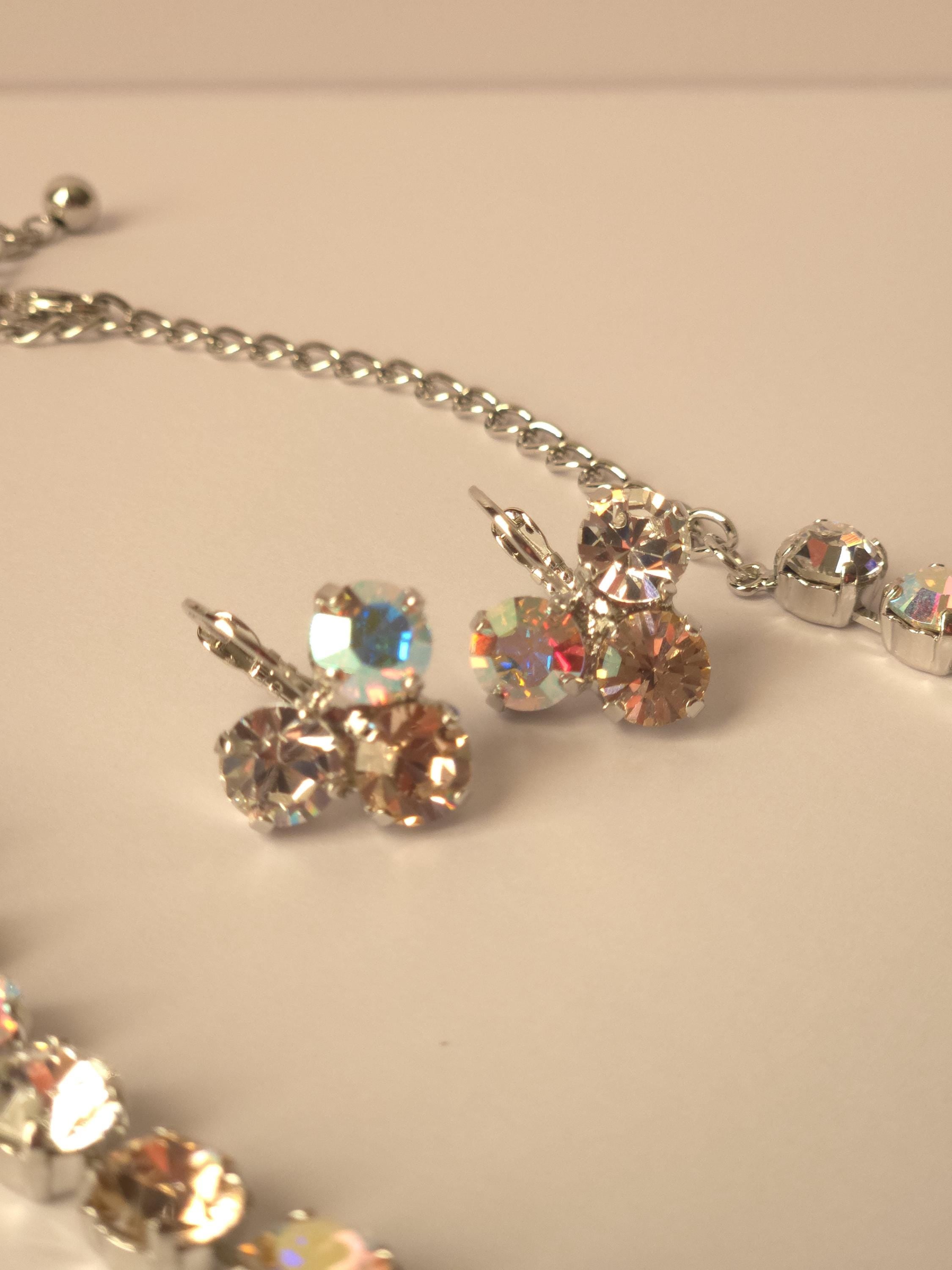 Rhodium Plated Crystal AB & Vintage Rose Jewelry Set | Swarovski, Preciosa Crystal Necklace, Earrings, Bracelet | Bridal Statement Jewelry