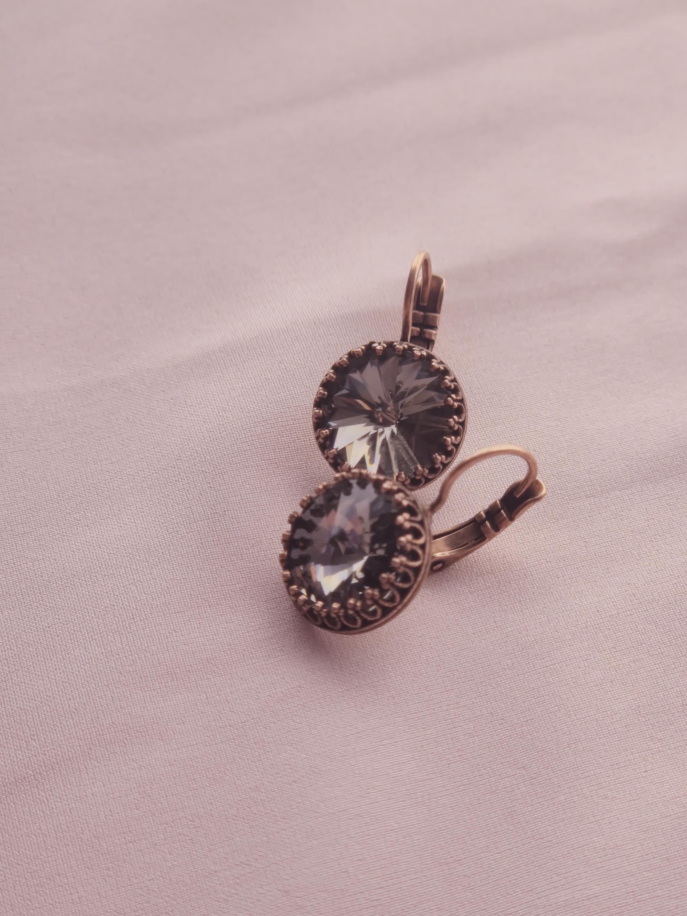 Antique Copper Black Diamond Crystal Leverback Earrings | Drop Crystal Earrings | Crown Setting Earrings | 12mm Austrian Crystal