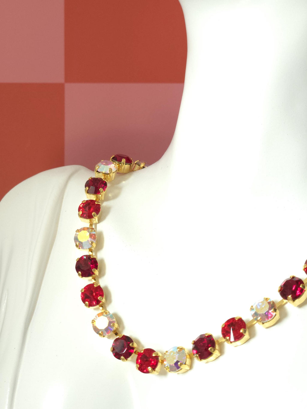 Unbirthday Swarovski Crystal Necklace | Handmade Gold Plated Statement Necklace | Crystal AB Ruby & Siam Cup Chain Choker