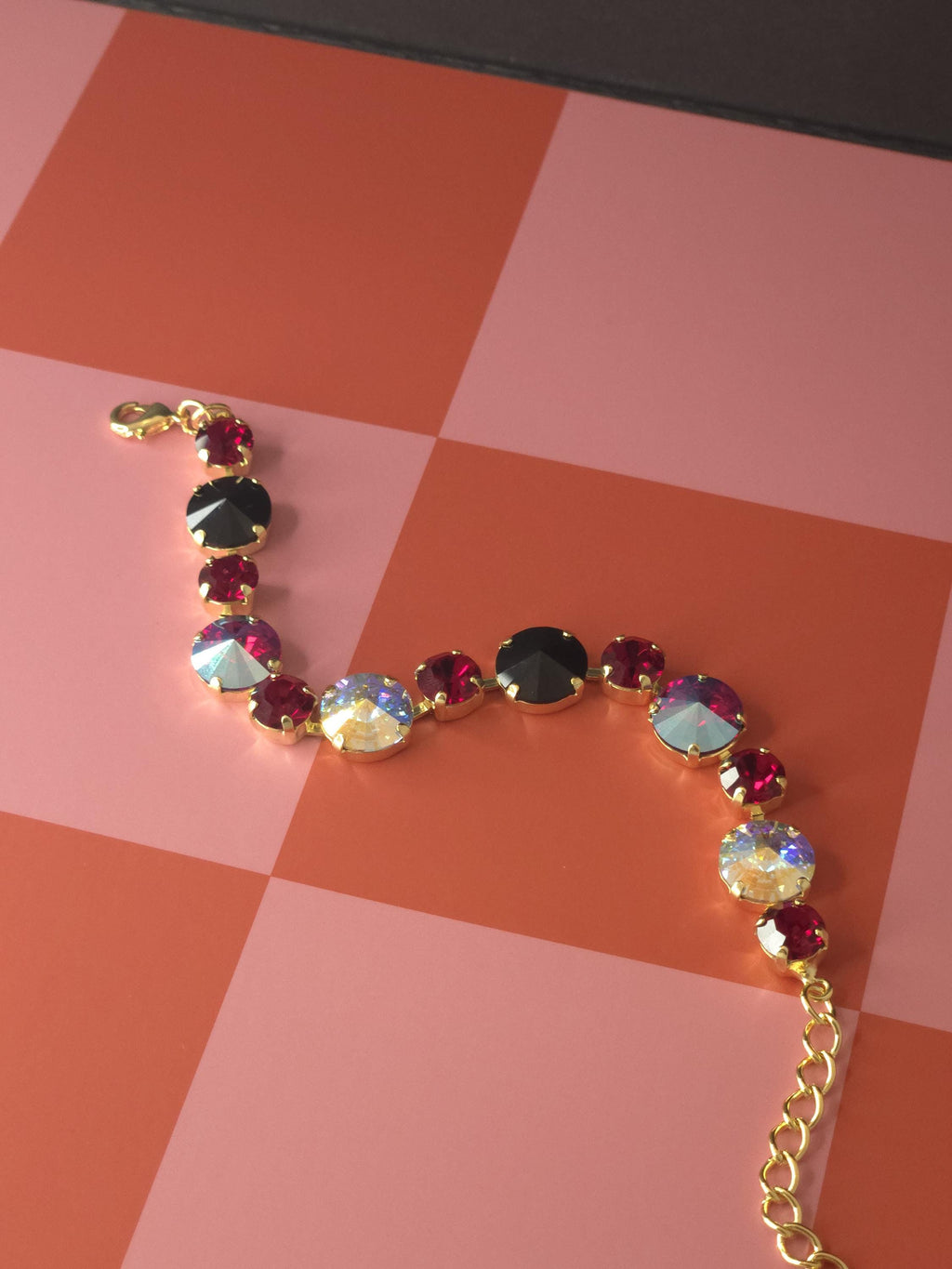 Mad Hatter Swarovski Crystal Bracelet | Handmade Gold Plated Statement Bracelet | Jet Ruby & Crystal AB Rivoli Bracelet
