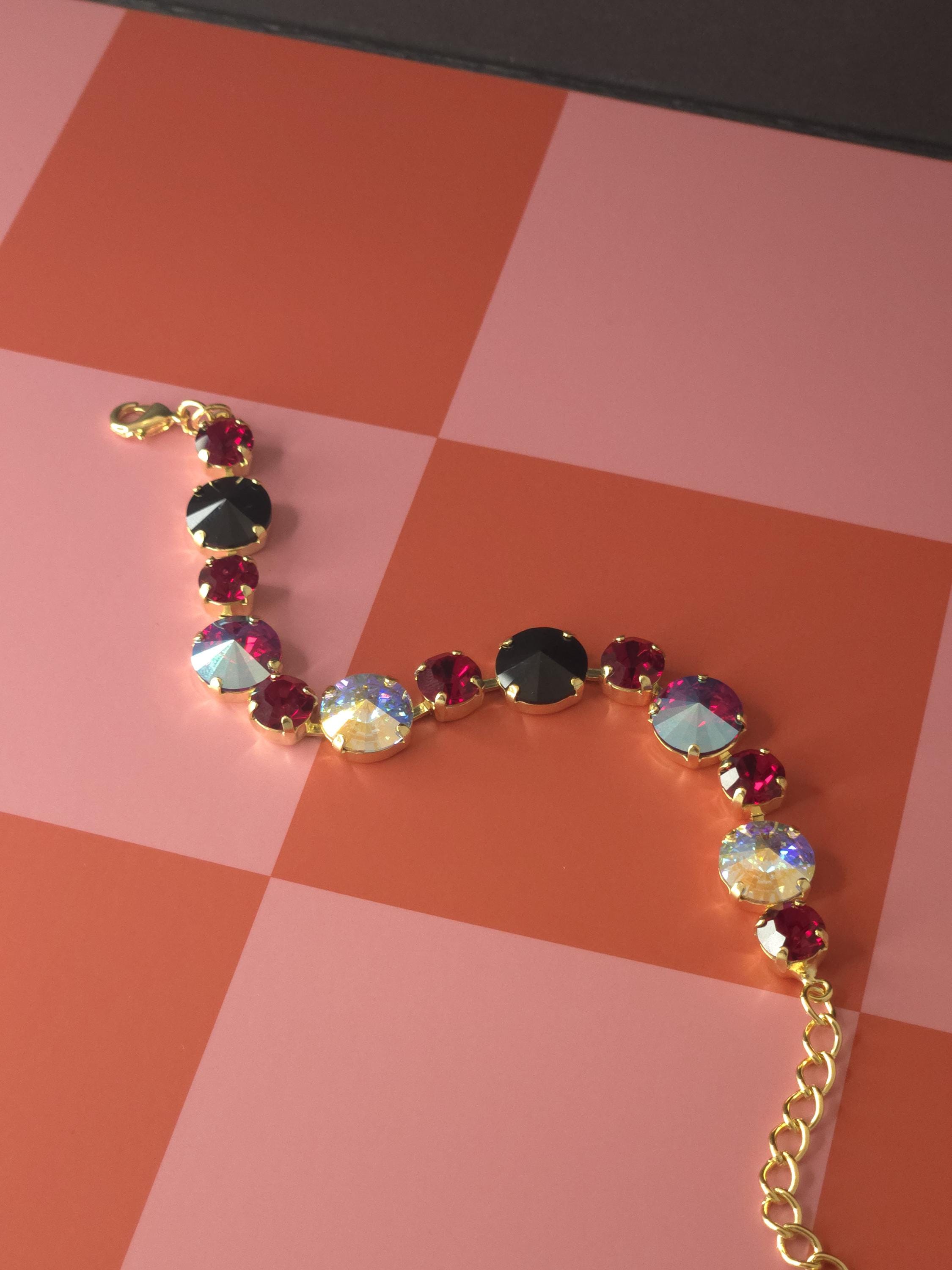 Mad Hatter Swarovski Crystal Bracelet | Handmade Gold Plated Statement Bracelet | Jet Ruby & Crystal AB Rivoli Bracelet