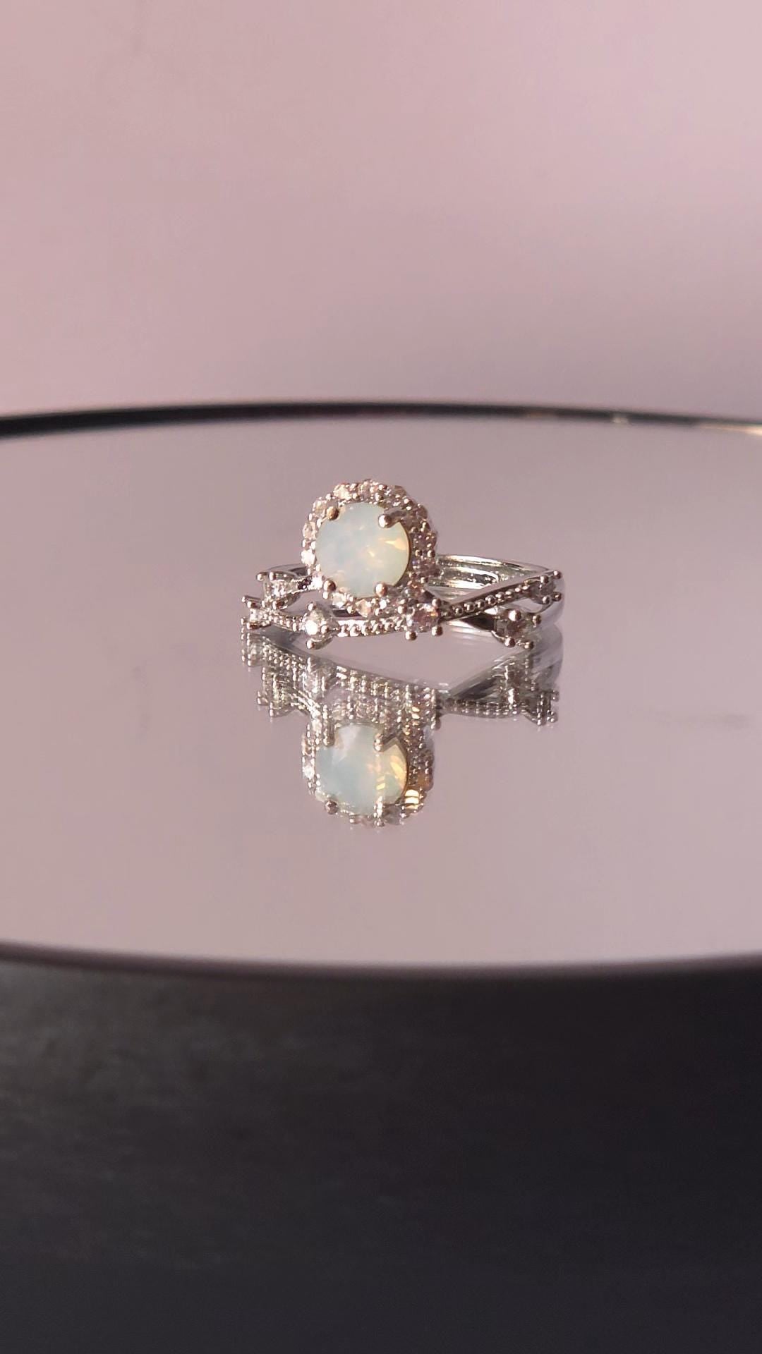 White Opal Mystical Setting Crystal Halo Ring | Adjustable Sterling Silver Plated Crossover Ring | Genuine Swarovski Crystal, CZ Halo