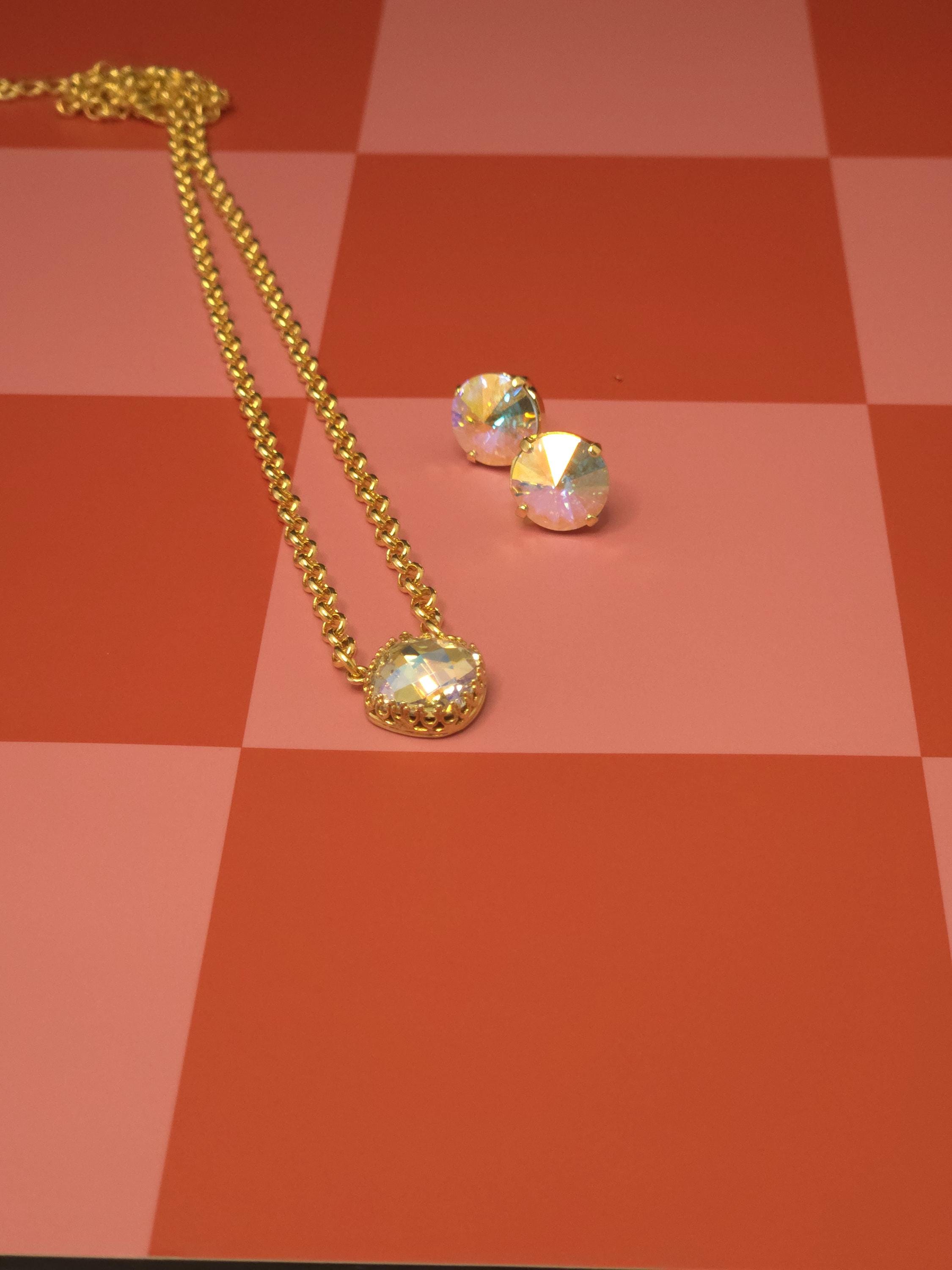 Looking Glass Swarovski Crystal Pendant Necklace | Handmade Gold Plated Crown Pendant | Checkerboard Cut Crystal AB Necklace