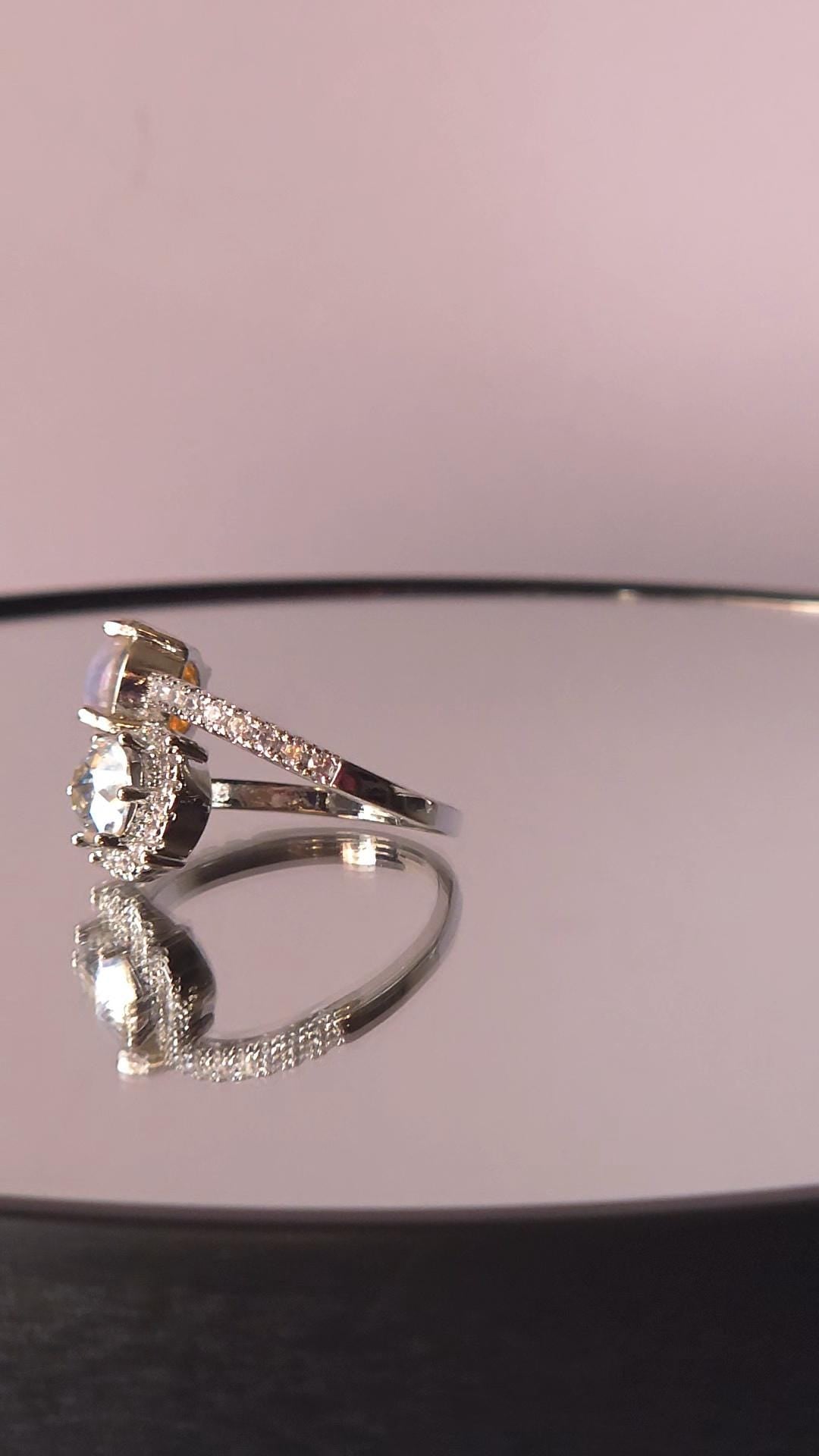 Swarovski Crystal Moonlight Two-Stone Crystal Wrap Ring | Adjustable 925 Sterling Silver Plated Ring | Vintage Fire Opal RARE