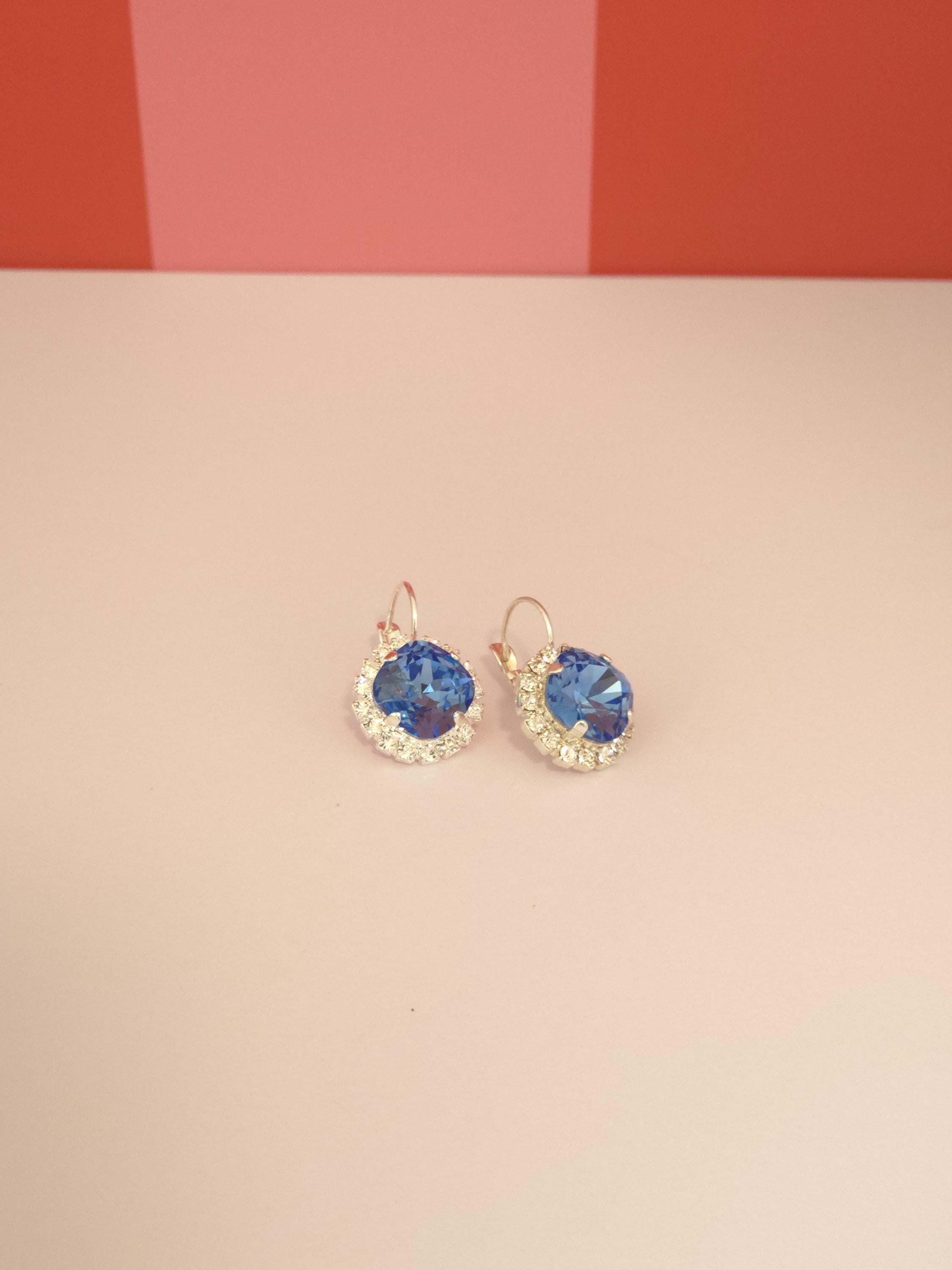 Alice Blue Swarovski Crystal Halo Earrings | Handmade Rhodium Leverback Earrings | Ice Blue Cushion Crystal Earrings