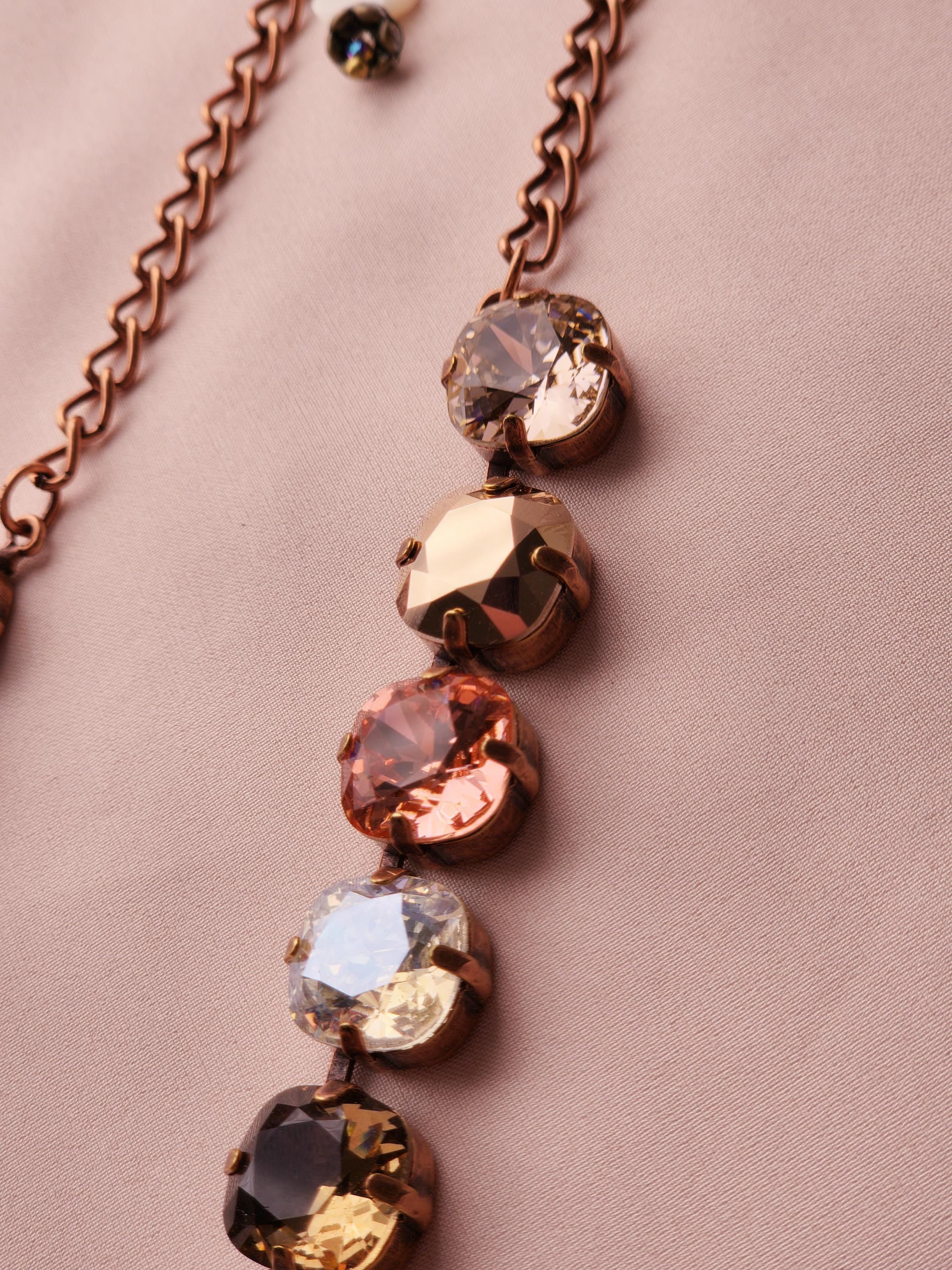 Victorian Garden Swarovski Crystal Necklace | Antique Copper Statement Necklace | Rose Gold Padparadscha Vintage Rose Crystal Crown Earrings