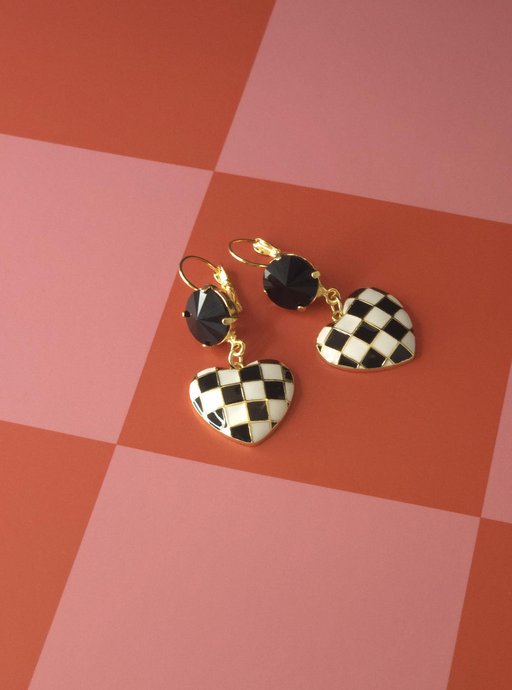 Checkmate Heart Swarovski Crystal Dangle Earrings | Handmade Gold Plated Charm Earrings | Jet Crystal Checkered Heart Earrings