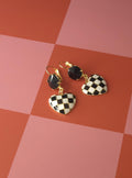 Checkmate Heart Swarovski Crystal Dangle Earrings | Handmade Gold Plated Charm Earrings | Jet Crystal Checkered Heart Earrings