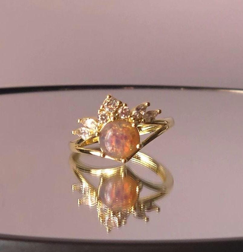Crown Crystal Ring | Adjustable Gold Plated Cluster Ring | Genuine Swarovski Crystal, CZ Accents | RARE Vintage Fire Opal