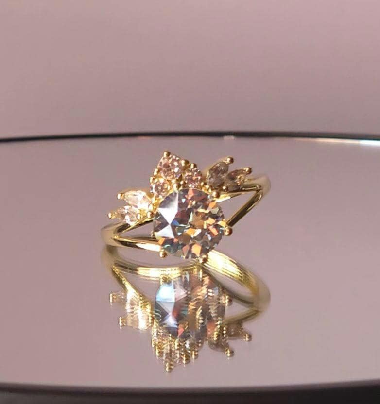 Crystal Crown Ring | Adjustable Gold Plated Cluster Ring | Genuine Swarovski Crystal, CZ Accents | Sparkling Crystal Moonlight