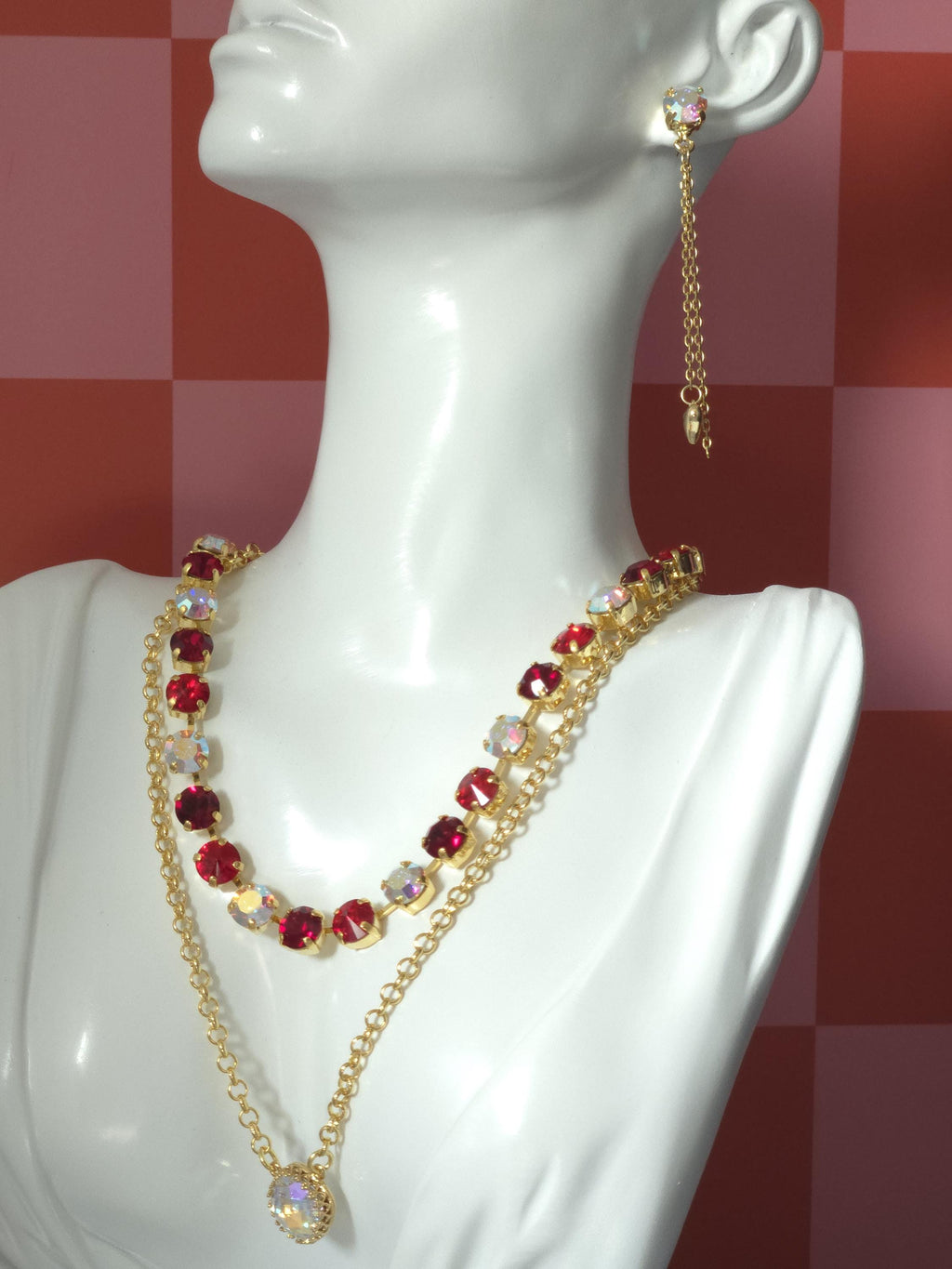 Unbirthday Swarovski Crystal Necklace | Handmade Gold Plated Statement Necklace | Crystal AB Ruby & Siam Cup Chain Choker