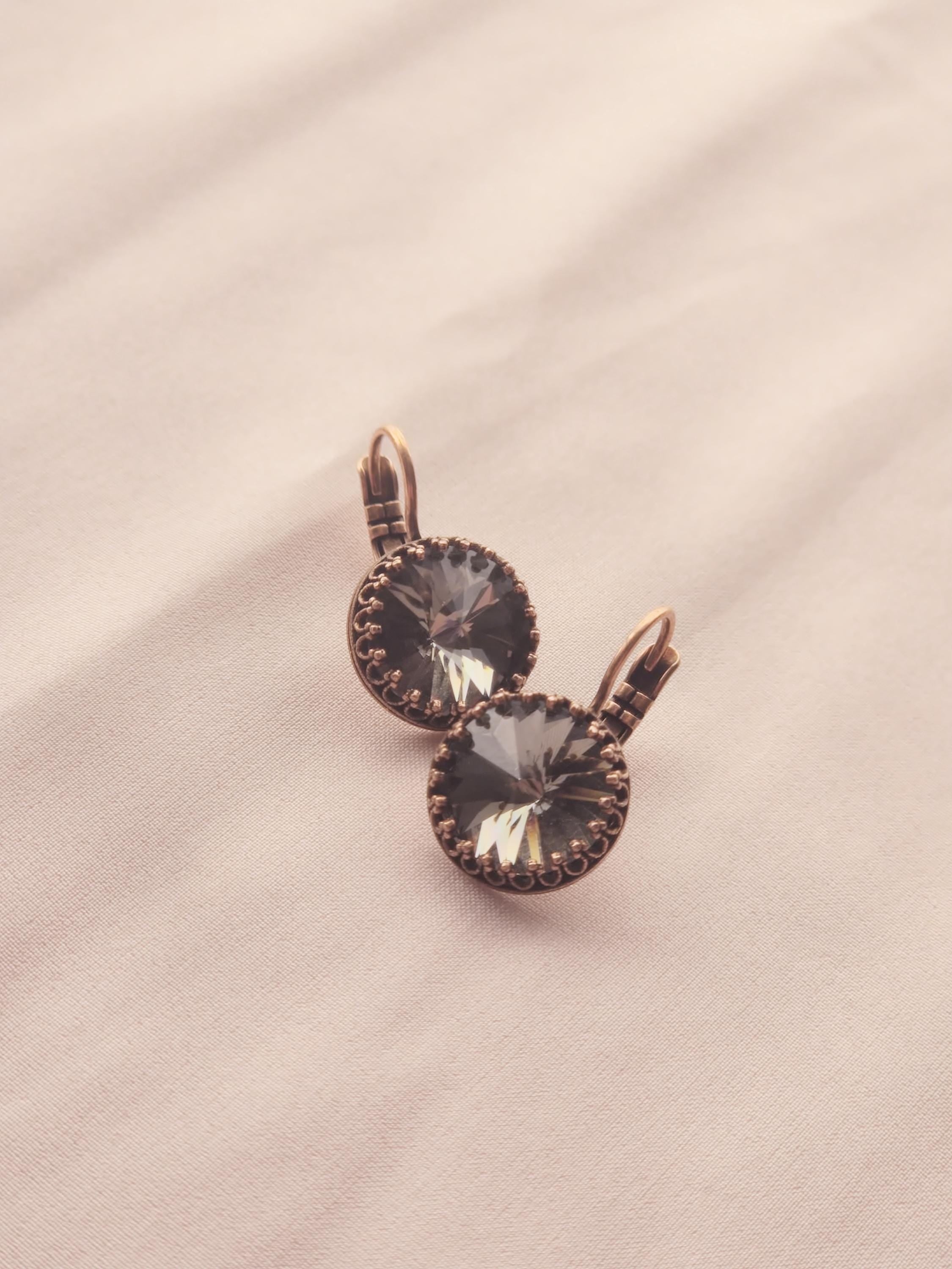 Antique Copper Black Diamond Crystal Leverback Earrings | Drop Crystal Earrings | Crown Setting Earrings | 12mm Austrian Crystal