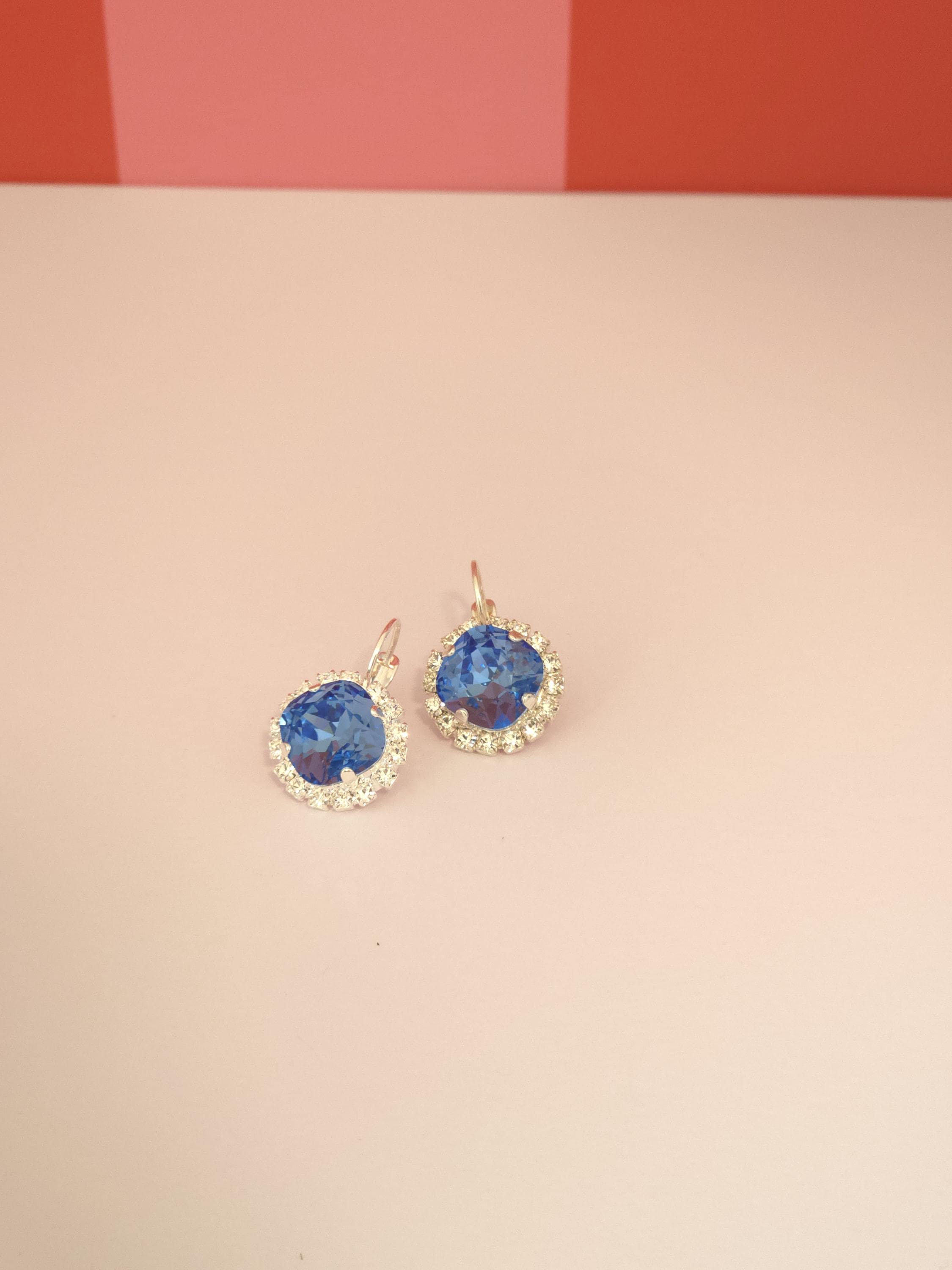 Alice Blue Swarovski Crystal Halo Earrings | Handmade Rhodium Leverback Earrings | Ice Blue Cushion Crystal Earrings