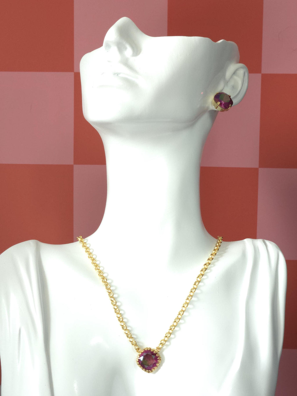 Painted Rose Swarovski Crystal Pendant Necklace | Handmade Gold Plated Crown Pendant | Fuchsia Maui Lava Crystal Necklace