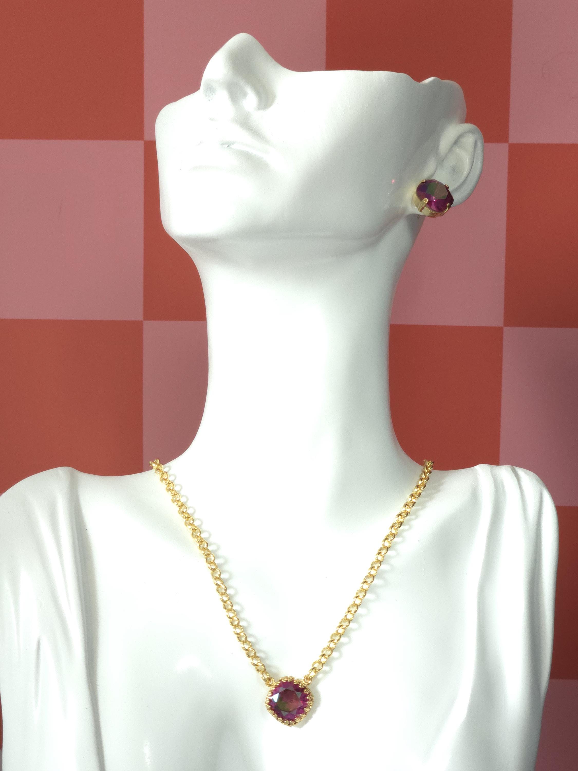 Painted Rose Swarovski Crystal Pendant Necklace | Handmade Gold Plated Crown Pendant | Fuchsia Maui Lava Crystal Necklace