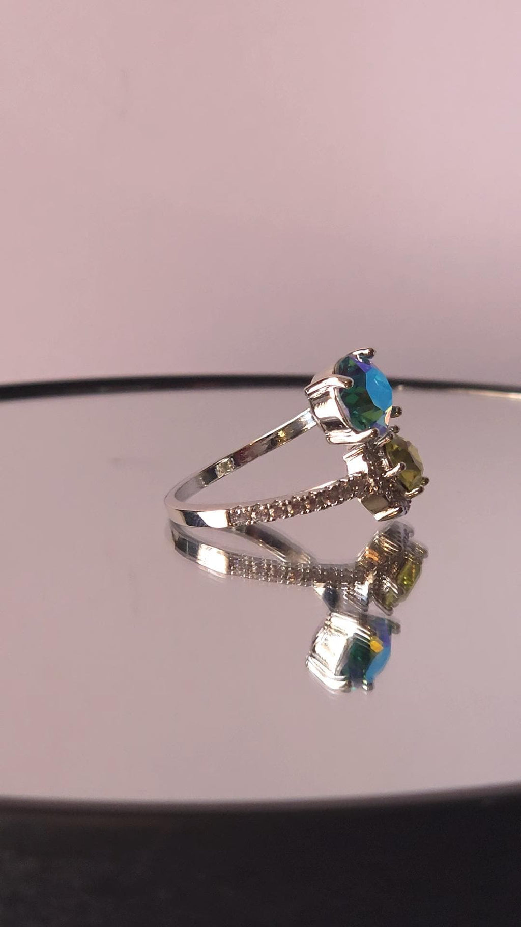 Swarovski Aqua Lemon Citrus Green Two-Stone Crystal Wrap Ring | Adjustable 925 Sterling Silver Plated Ring | Blue Green Halo Ring