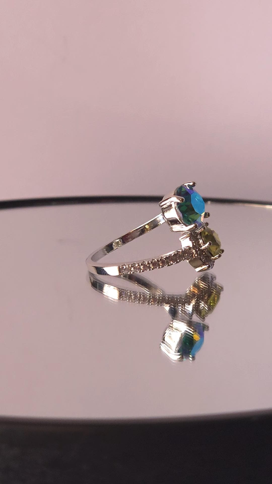 Swarovski Aqua Lemon Citrus Green Two-Stone Crystal Wrap Ring | Adjustable 925 Sterling Silver Plated Ring | Blue Green Halo Ring