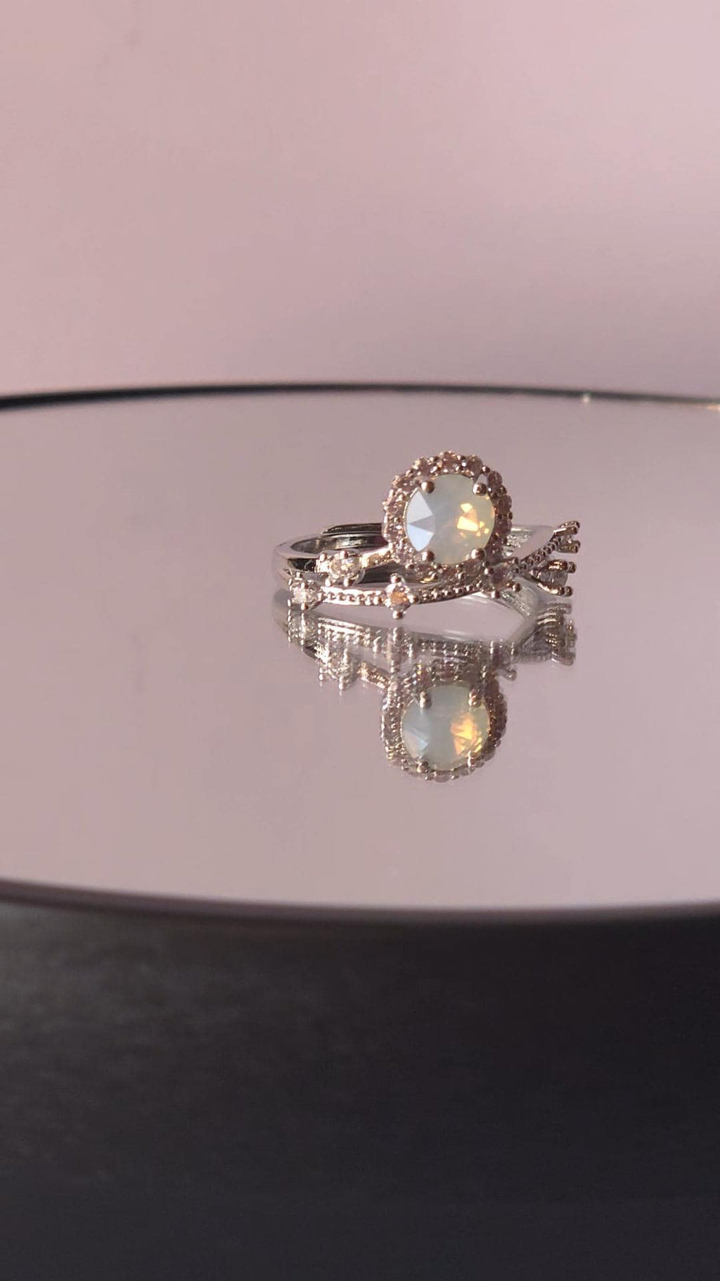 White Opal Mystical Setting Crystal Halo Ring | Adjustable Sterling Silver Plated Crossover Ring | Genuine Swarovski Crystal, CZ Halo