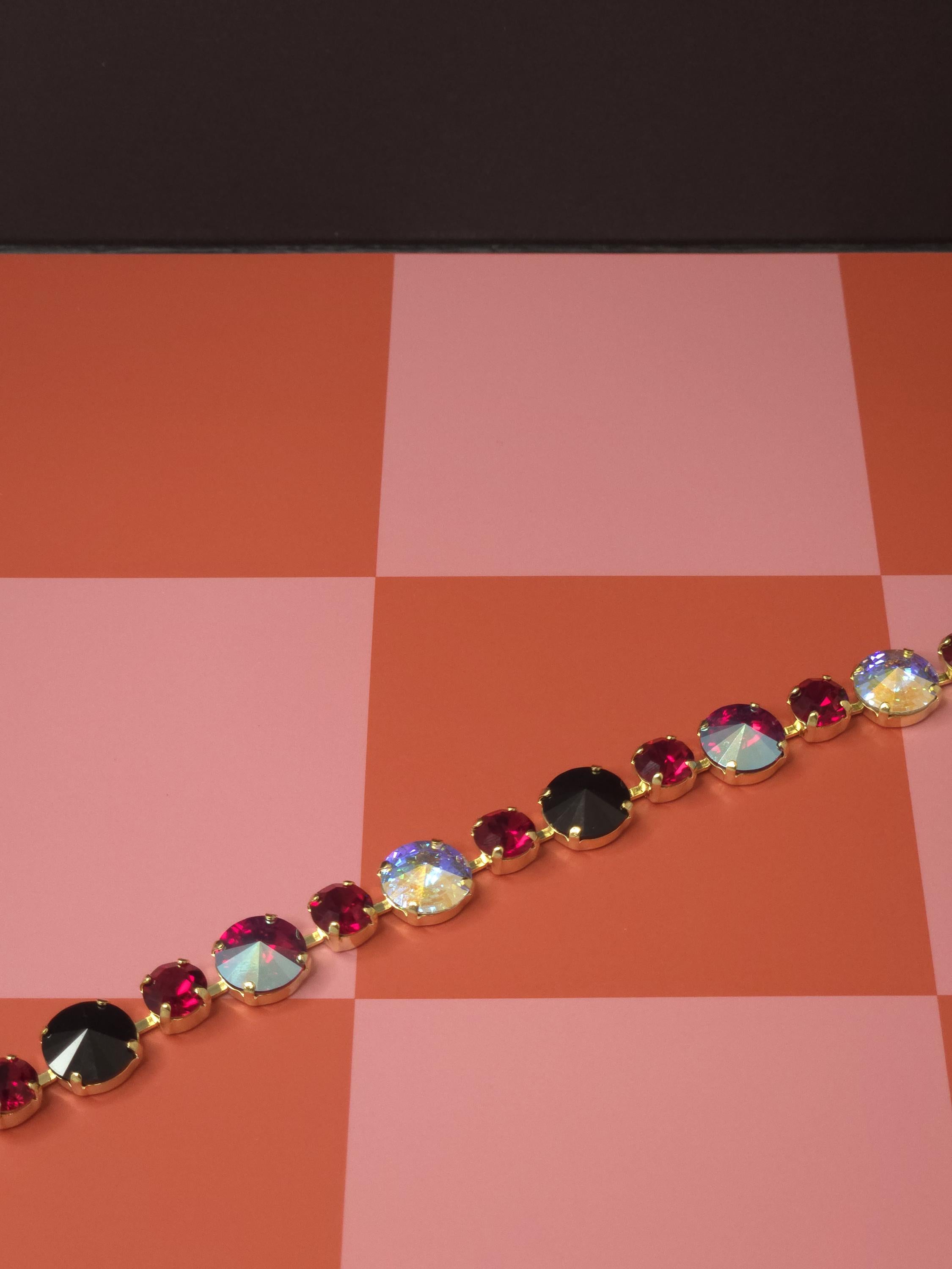 Mad Hatter Swarovski Crystal Bracelet | Handmade Gold Plated Statement Bracelet | Jet Ruby & Crystal AB Rivoli Bracelet