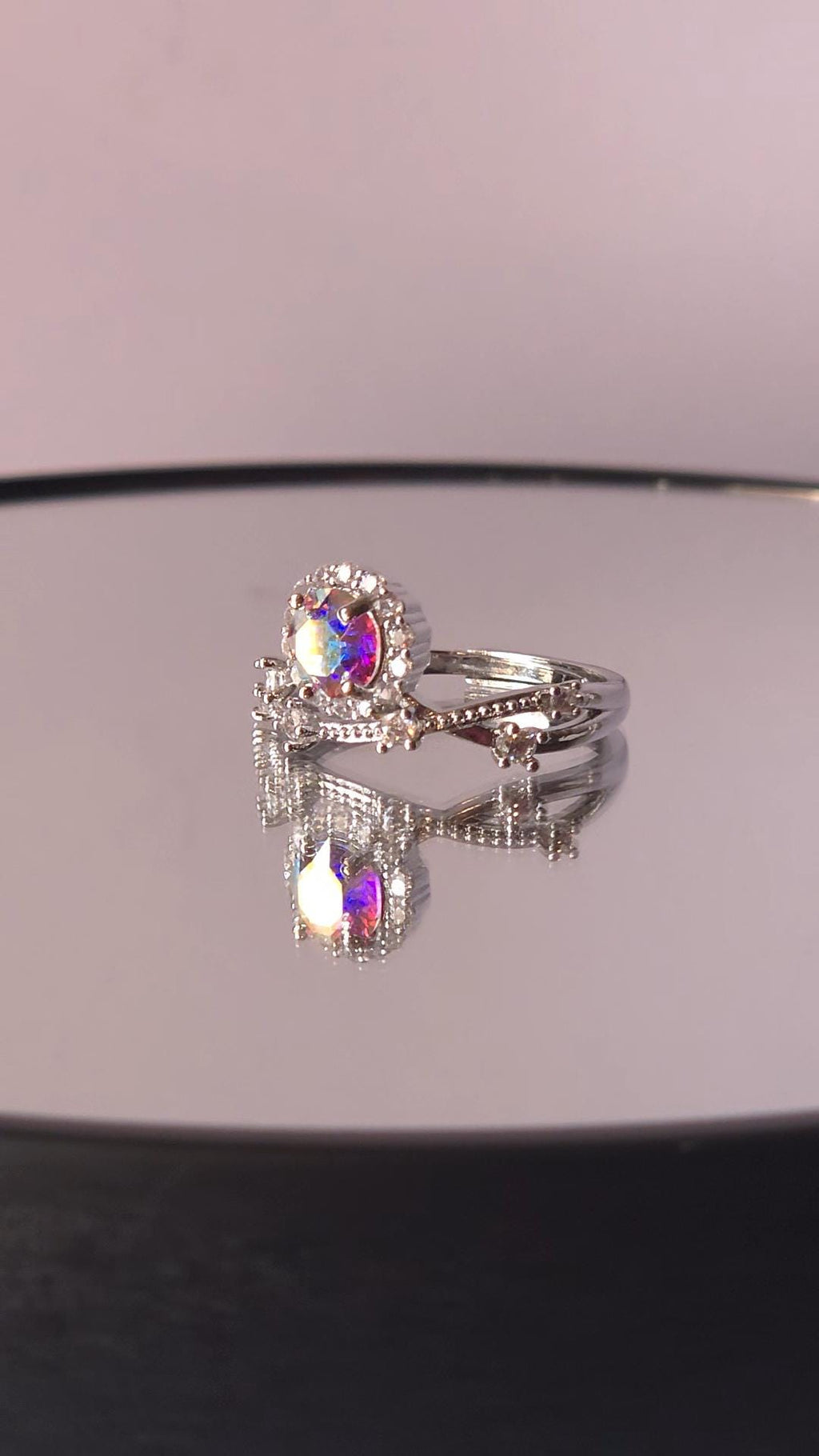 Crystal AB Mystical Setting Crystal Halo Ring | Adjustable Sterling Silver Plated Crossover Ring | Genuine Swarovski Crystal, CZ Halo