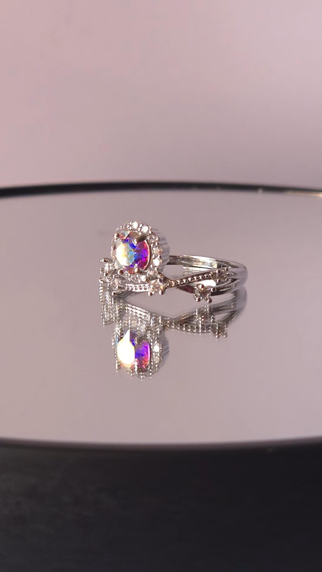 Crystal AB Mystical Setting Crystal Halo Ring | Adjustable Sterling Silver Plated Crossover Ring | Genuine Swarovski Crystal, CZ Halo
