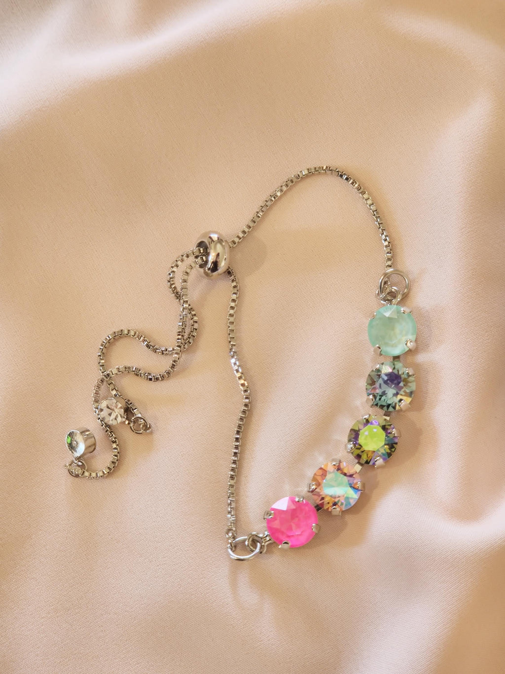 Sugar Rush Swarovski Crystal Bracelet | Handmade Silver Adjustable Slider Bracelet | Rainbow Crystal Bracelet